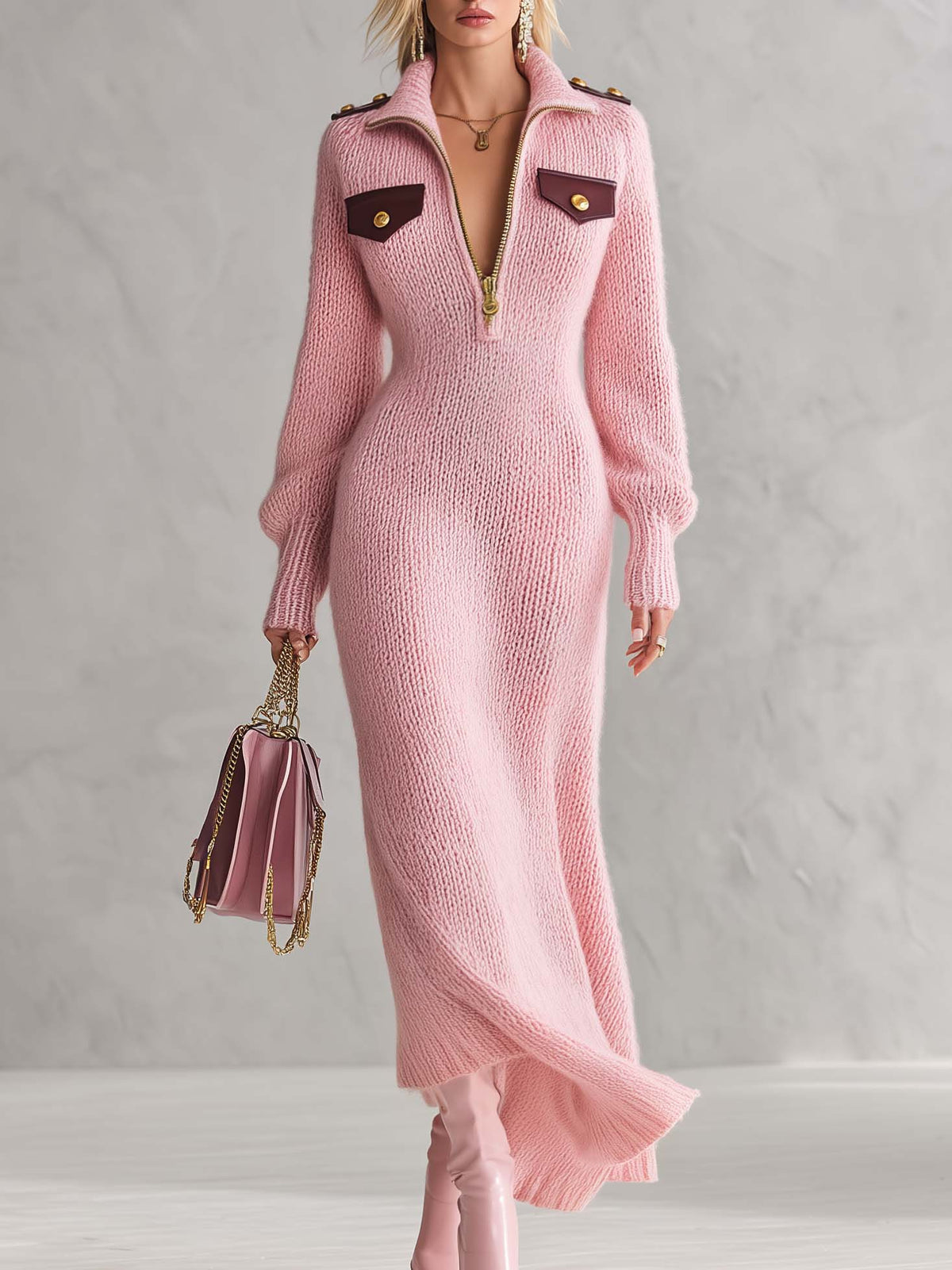 Military Chic Pink Chunky Knit Zip Front Maxi Sweater Dress Gold Button