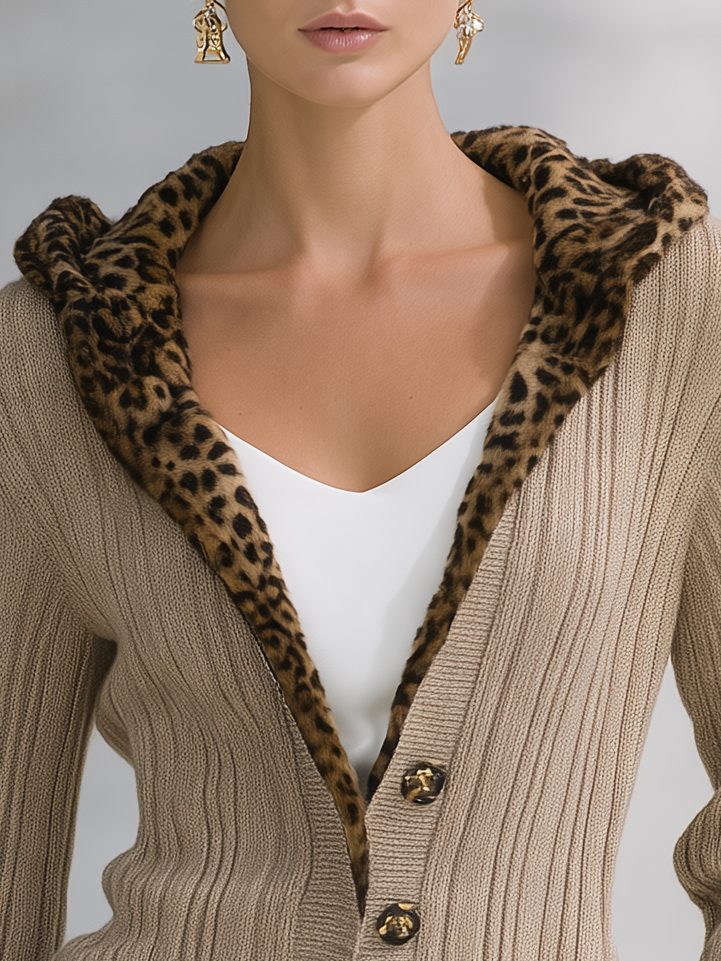Retro-chic Leopard Print Hooded Knit Jacket