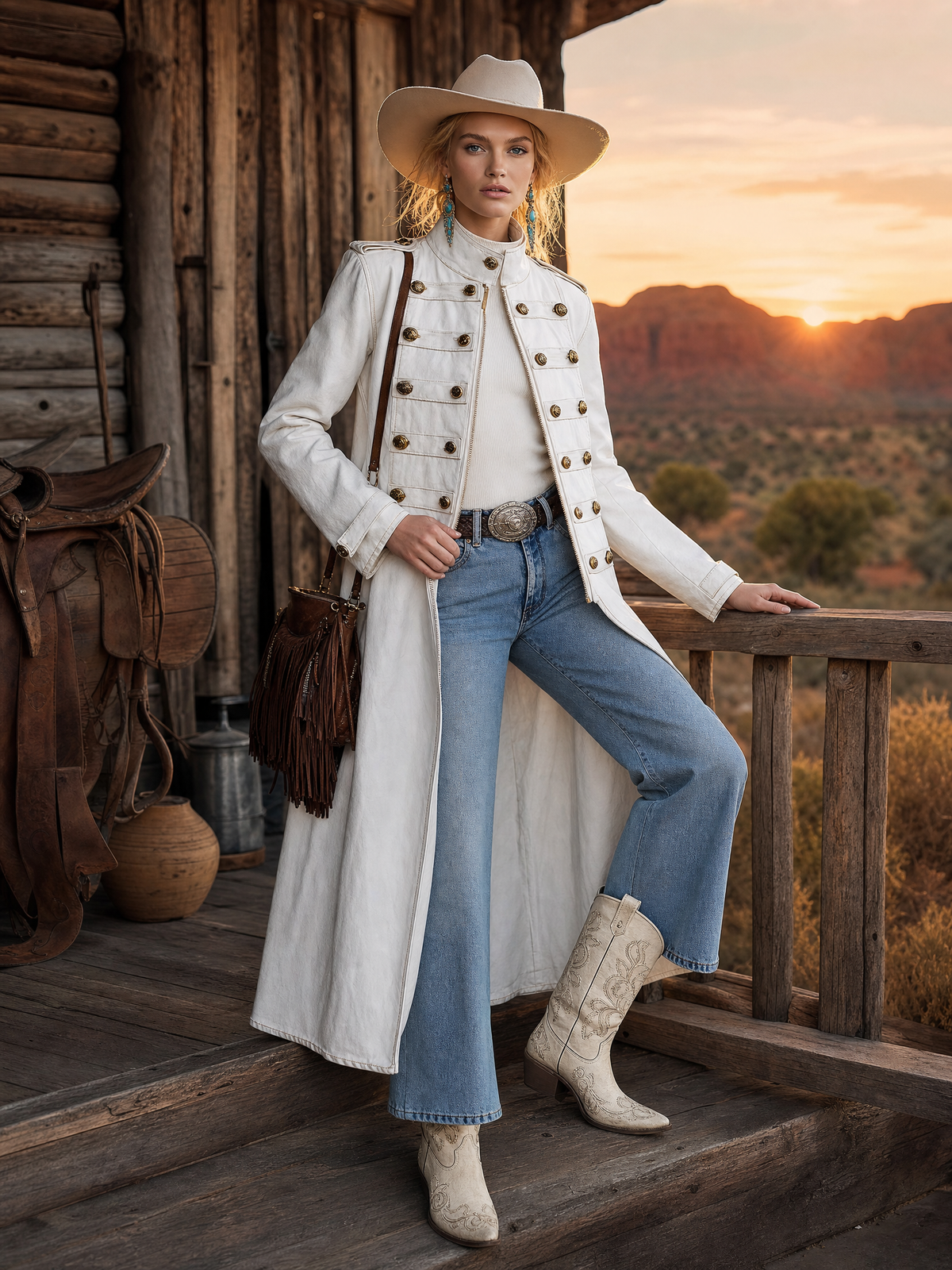 Classic Military Officer Style White Denim Front-Zip Coat