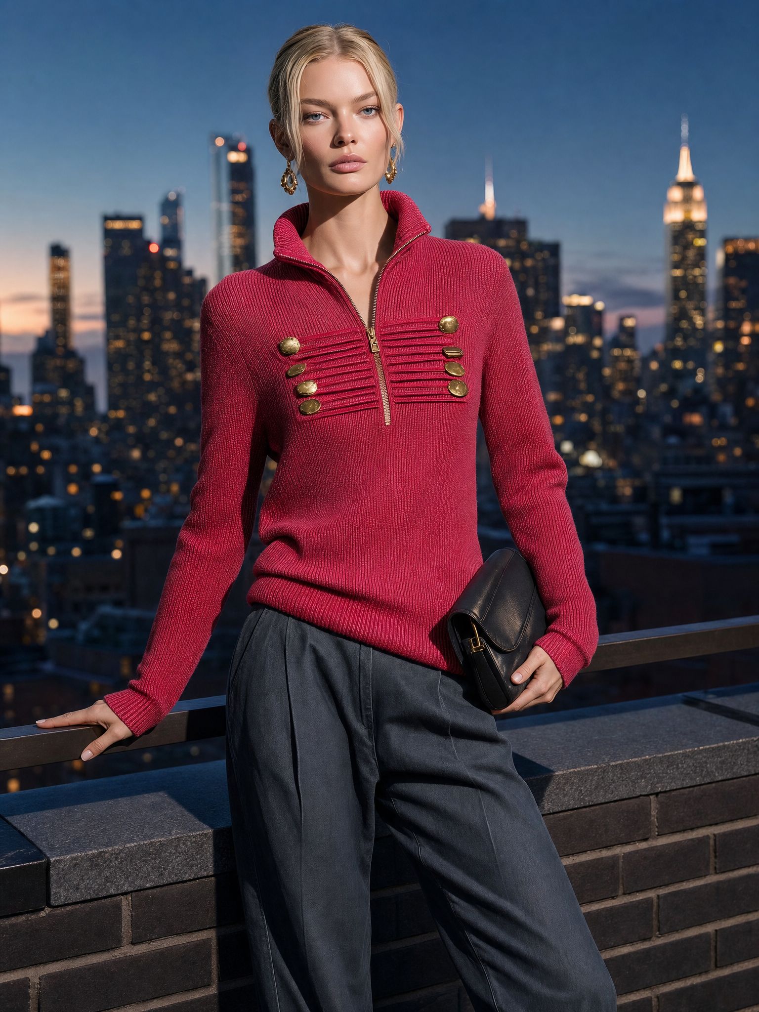 Vintage-style Elegant Casual Knit Top With A Military-inspired Stand Collar