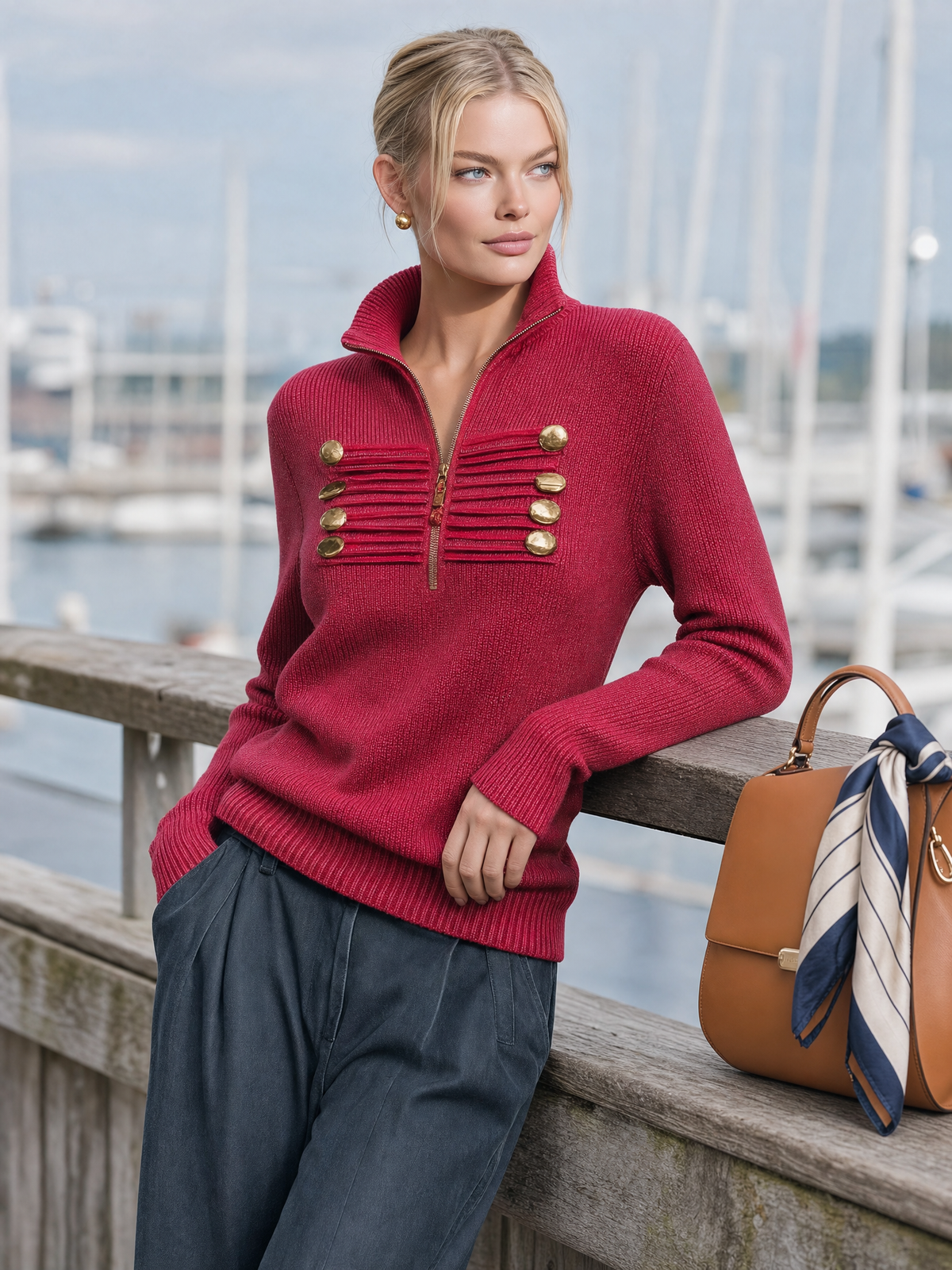 Vintage-style Elegant Casual Knit Top With A Military-inspired Stand Collar
