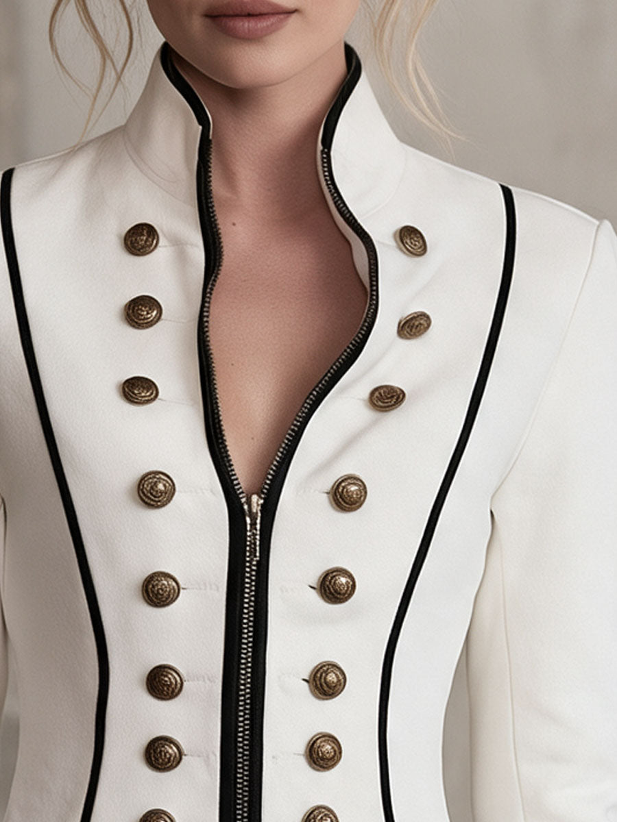 Retro Elegant White Military Stand-Collar Gold-Button Zip-Up Peplum Jacket