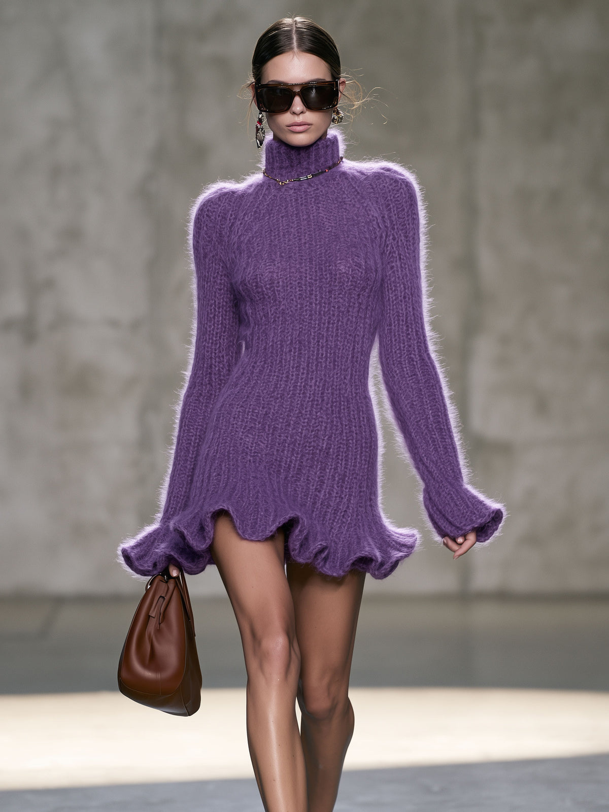 Elegant And Stylish High-neck Ruffled Purple Mohair Knit Mini Dress
