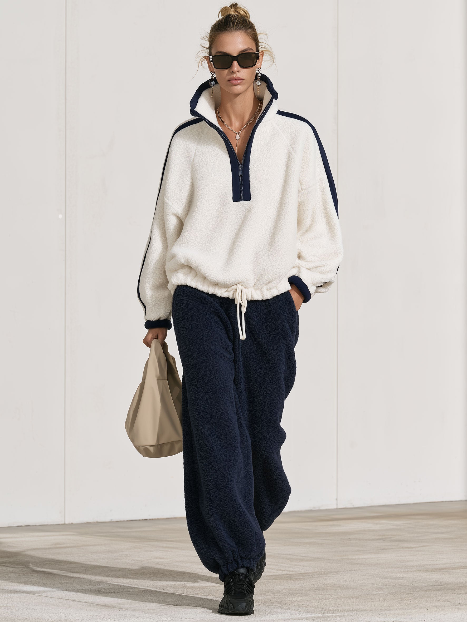 Casual Loose-fitting Half-zip Drawstring Fleece Sweatshirt And Pants Set