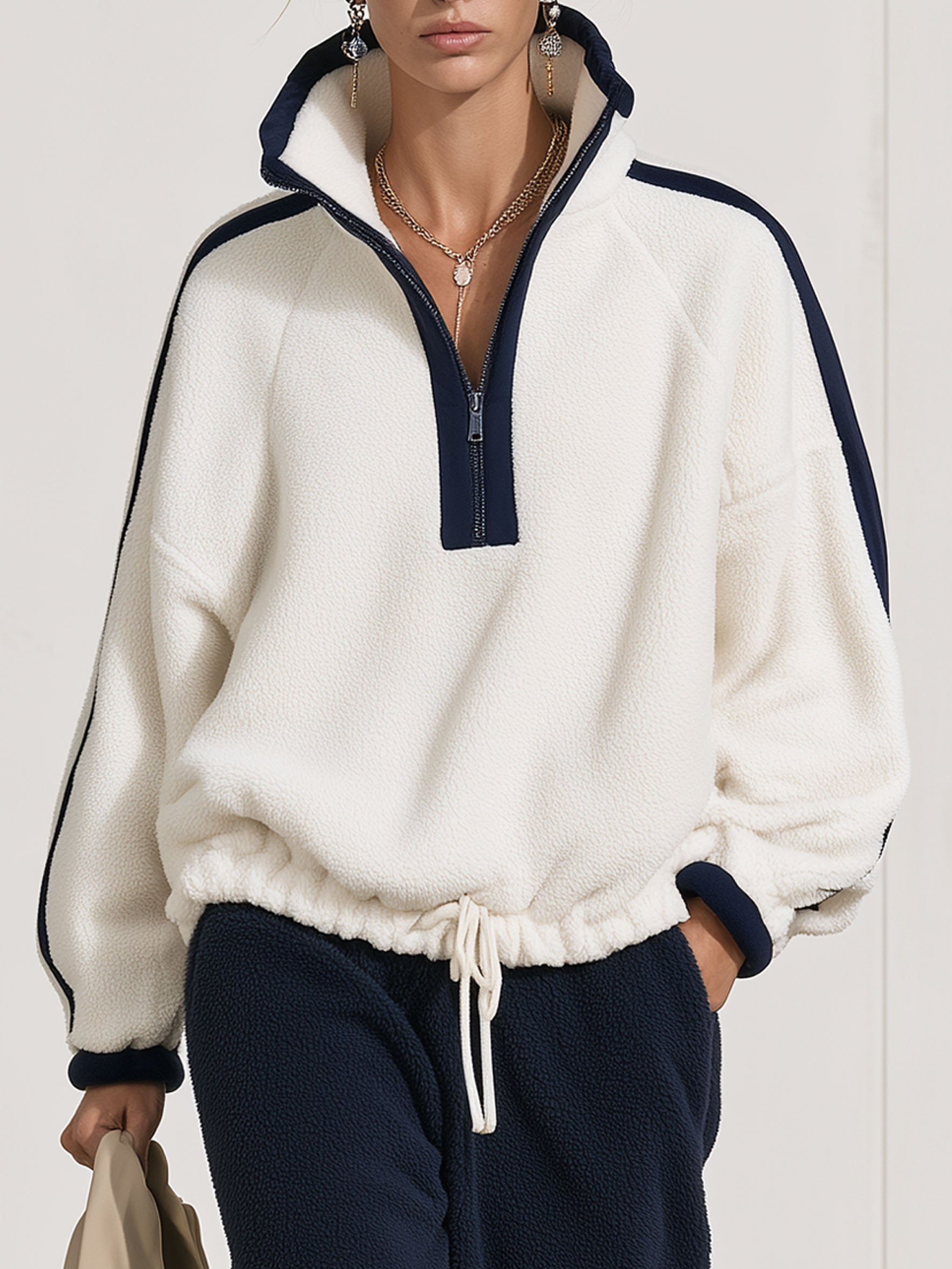 Casual Loose-fitting Half-zip Drawstring Fleece Sweatshirt And Pants Set