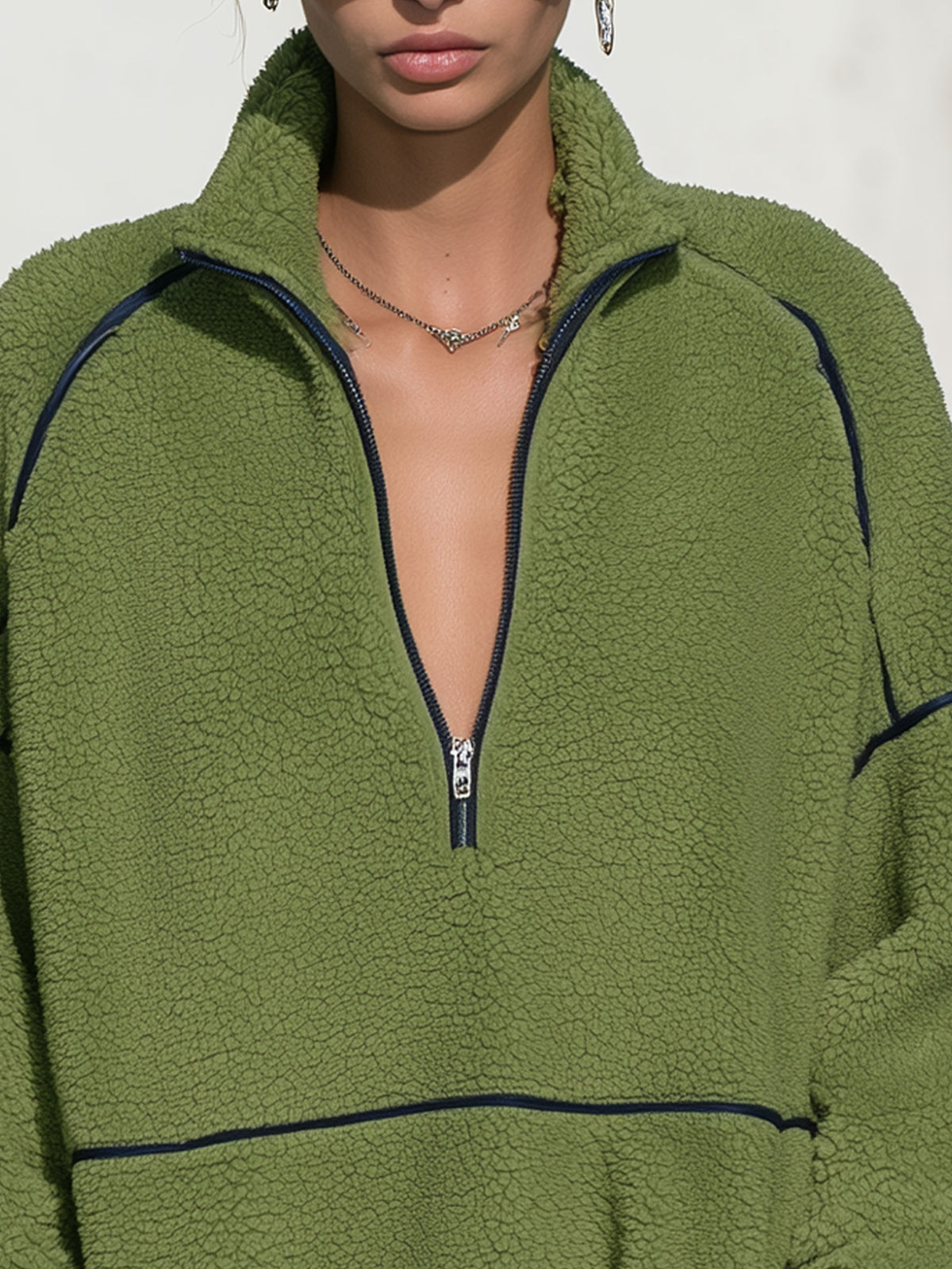 Casual Loose-fitting Half-zip Green Fleece Drawstring Mini Dress