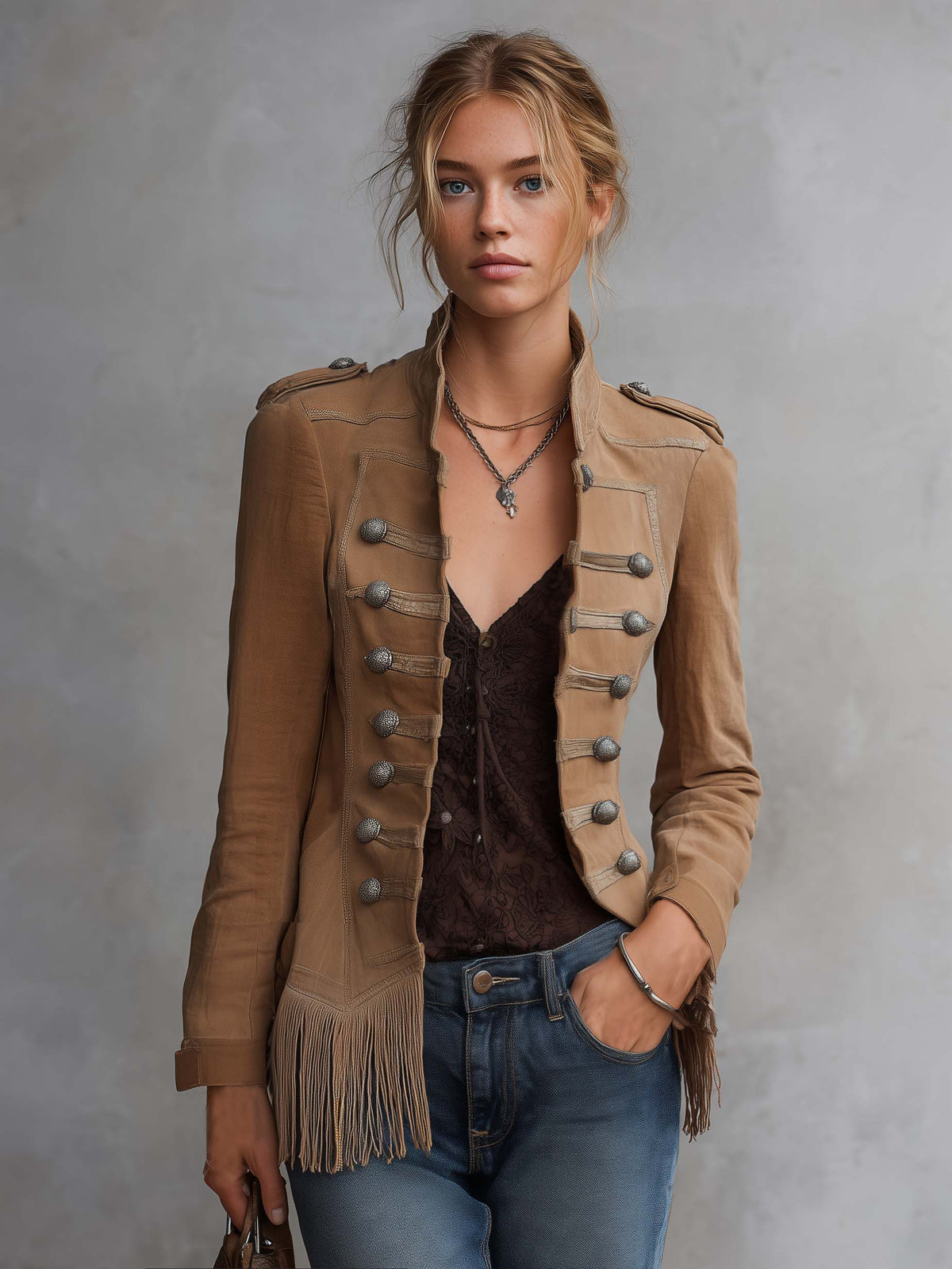 Western Vintage Camel Suede Fringe Hem Military Button Stand Collar Jacket Women