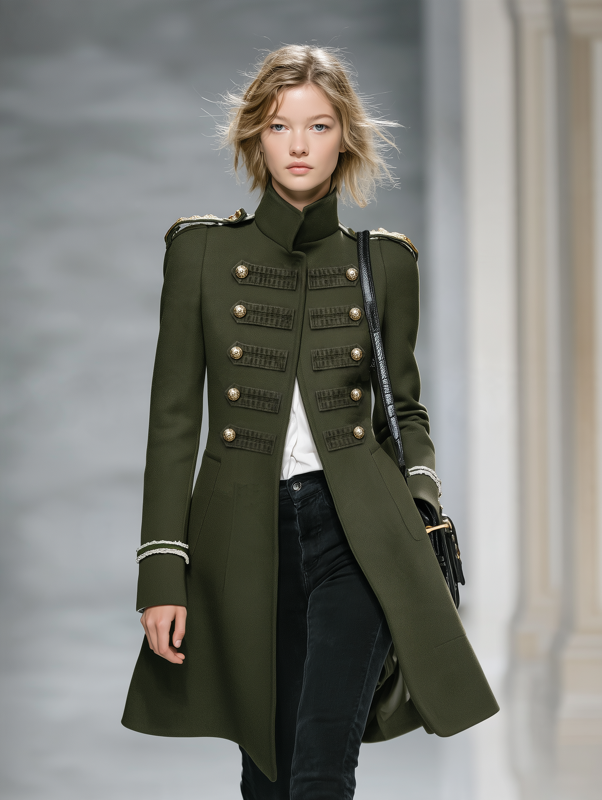 Vintage-style Casual Green Stand-collar Tweed Coat With A Military-inspired Look