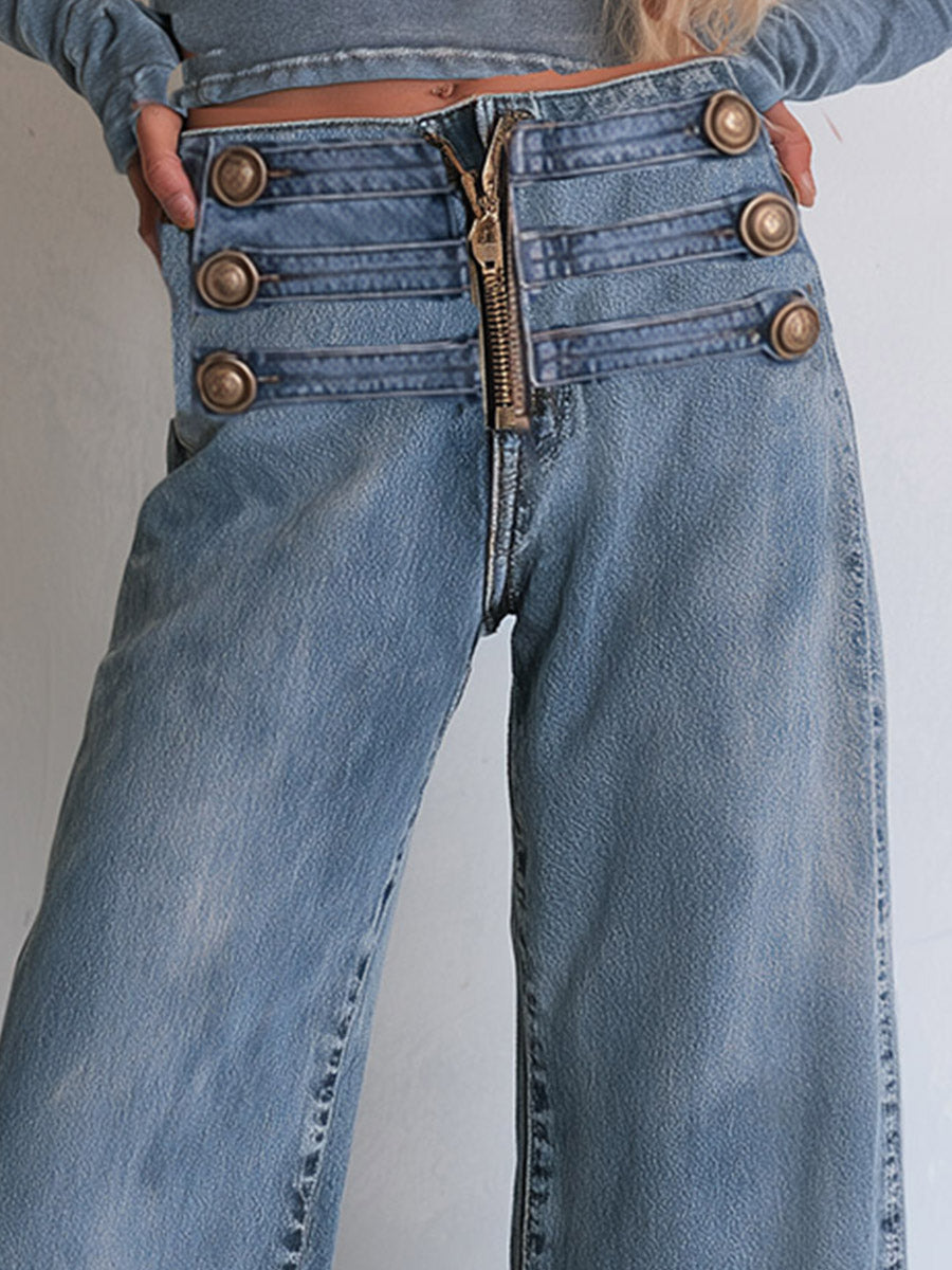 Casual Ribbon-detail Button-fly Blue Straight-leg Jeans