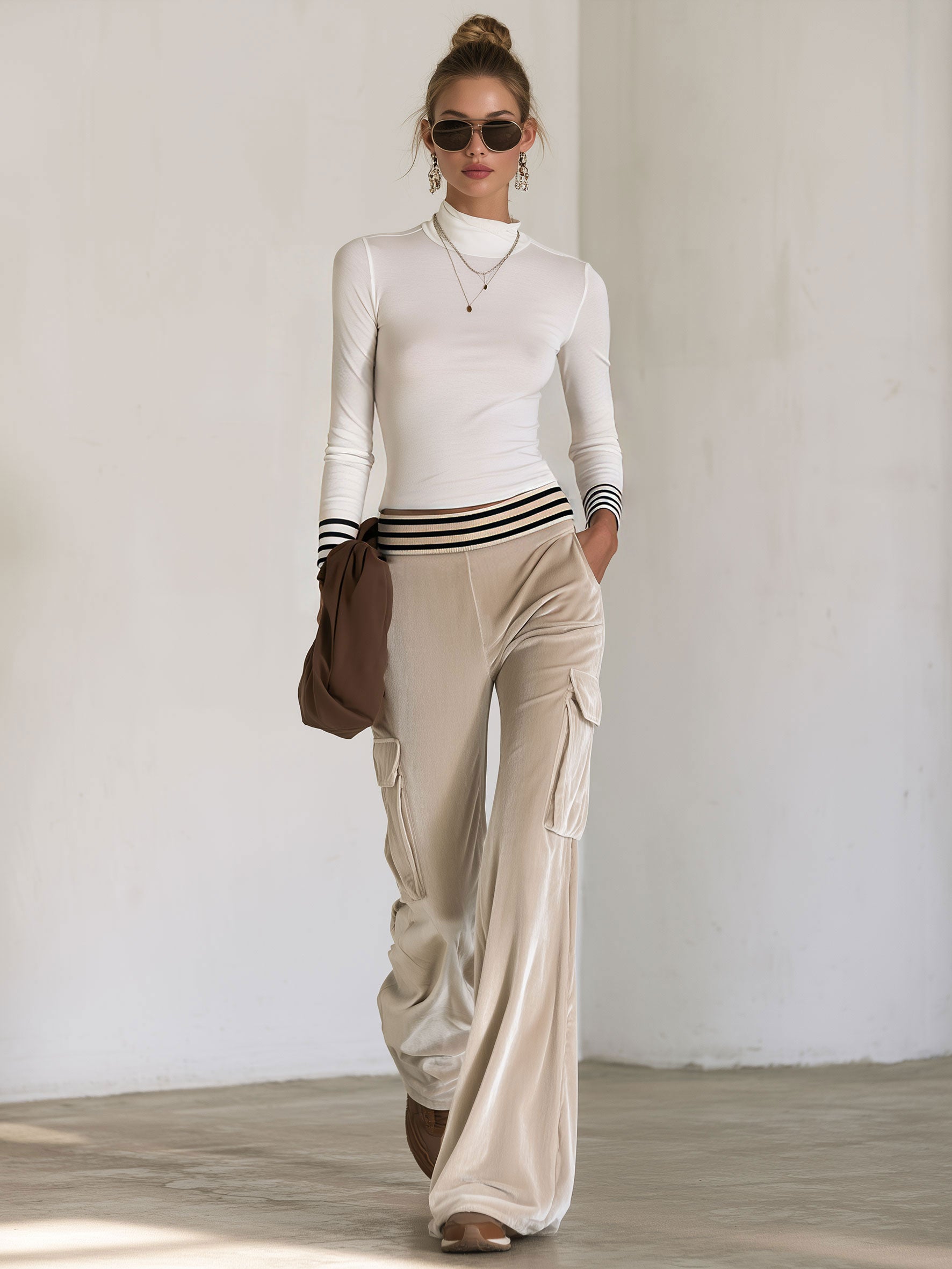 Casual And Simple High-neck White Striped T-shirt And Velvet Cargo Pants Set