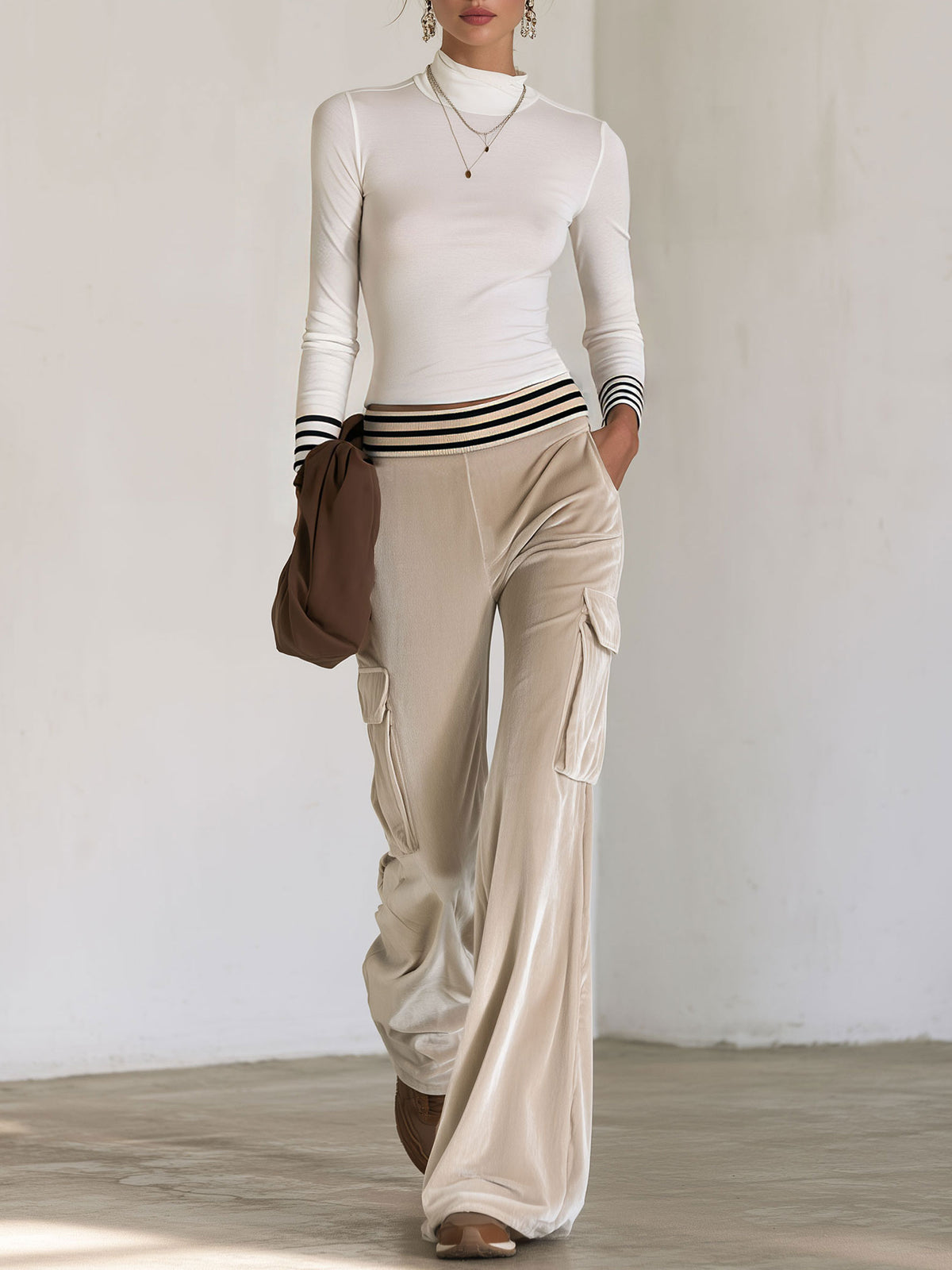 Casual And Simple High-neck White Striped T-shirt And Velvet Cargo Pants Set