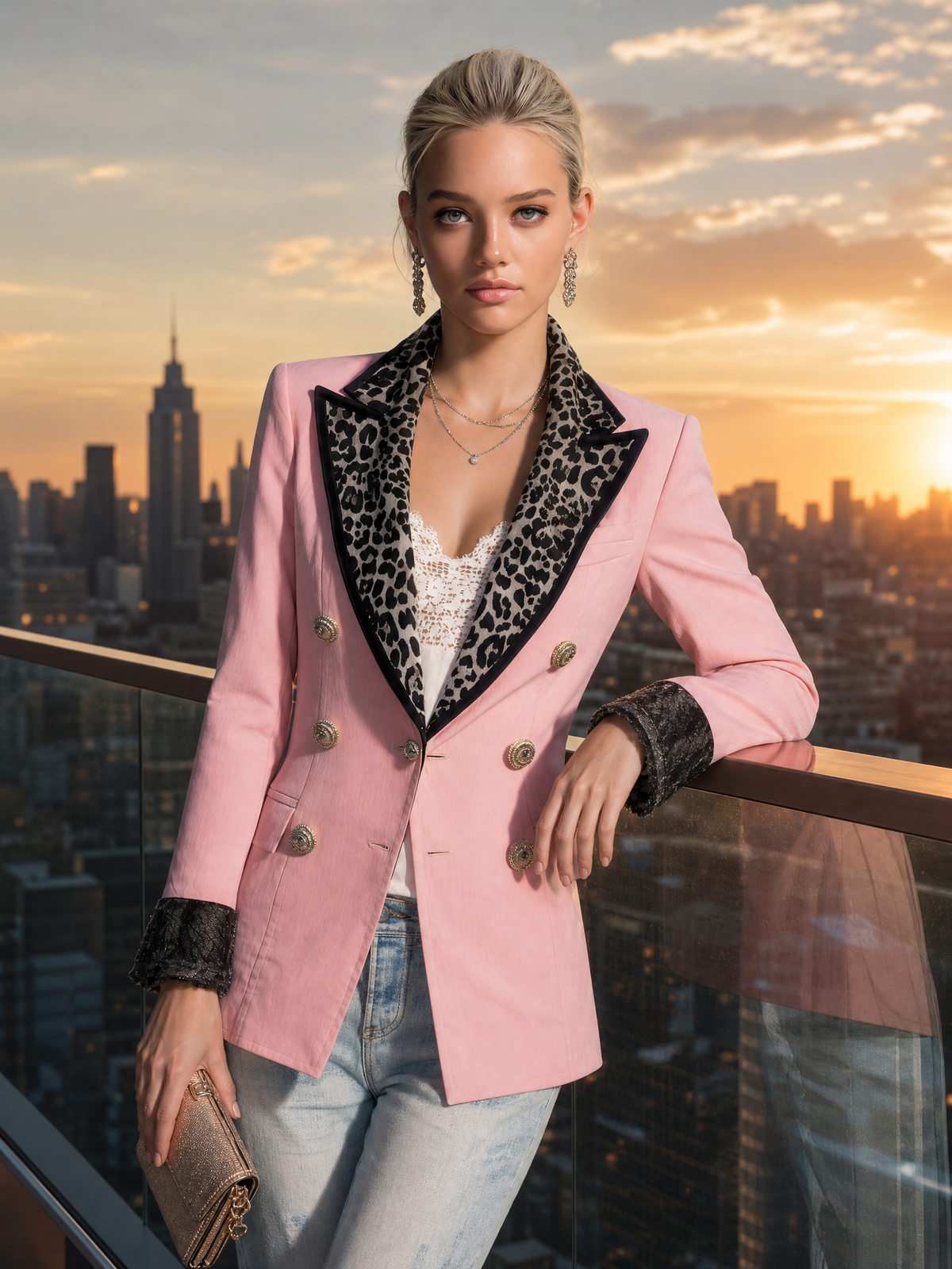 Fashion Retro Leopard-print Peak Lapels Light Pink Blazer