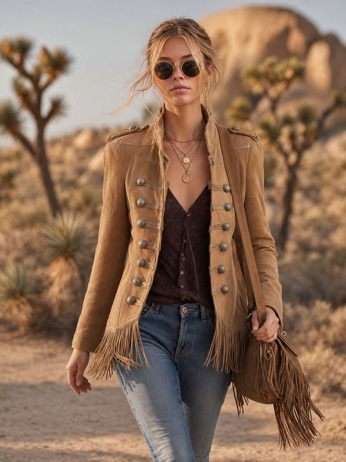 Western Vintage Camel Suede Fringe Hem Military Button Stand Collar Jacket Women