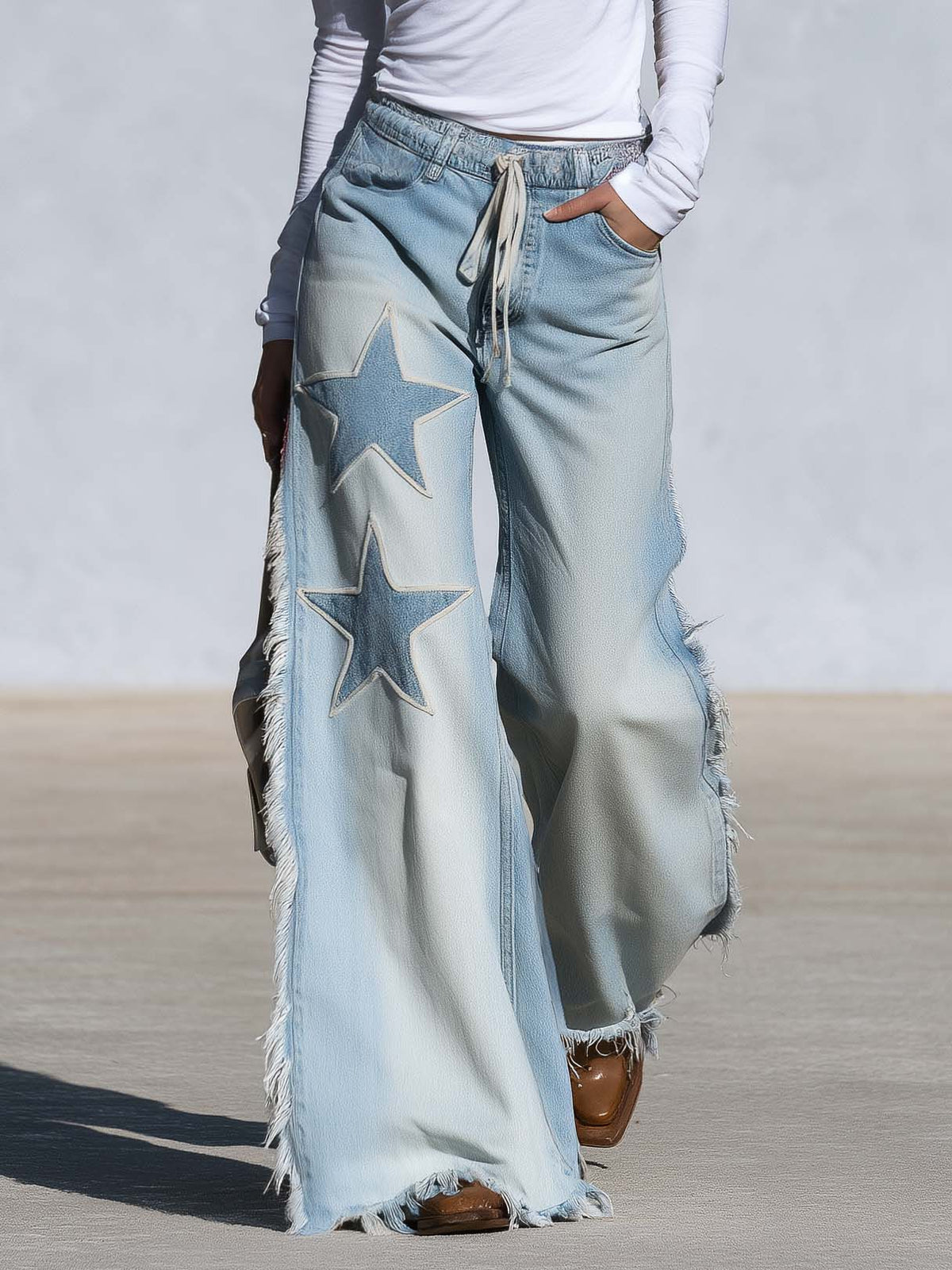 Western Vintage Star Patch Light Wash Fringe Wide Leg Jeans Drawstring Waist
