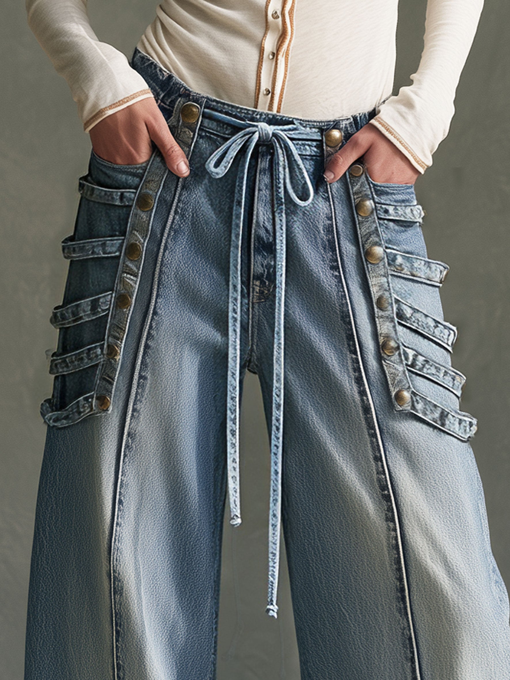Military-style Retro Studded Lace-up Washed Blue Jeans