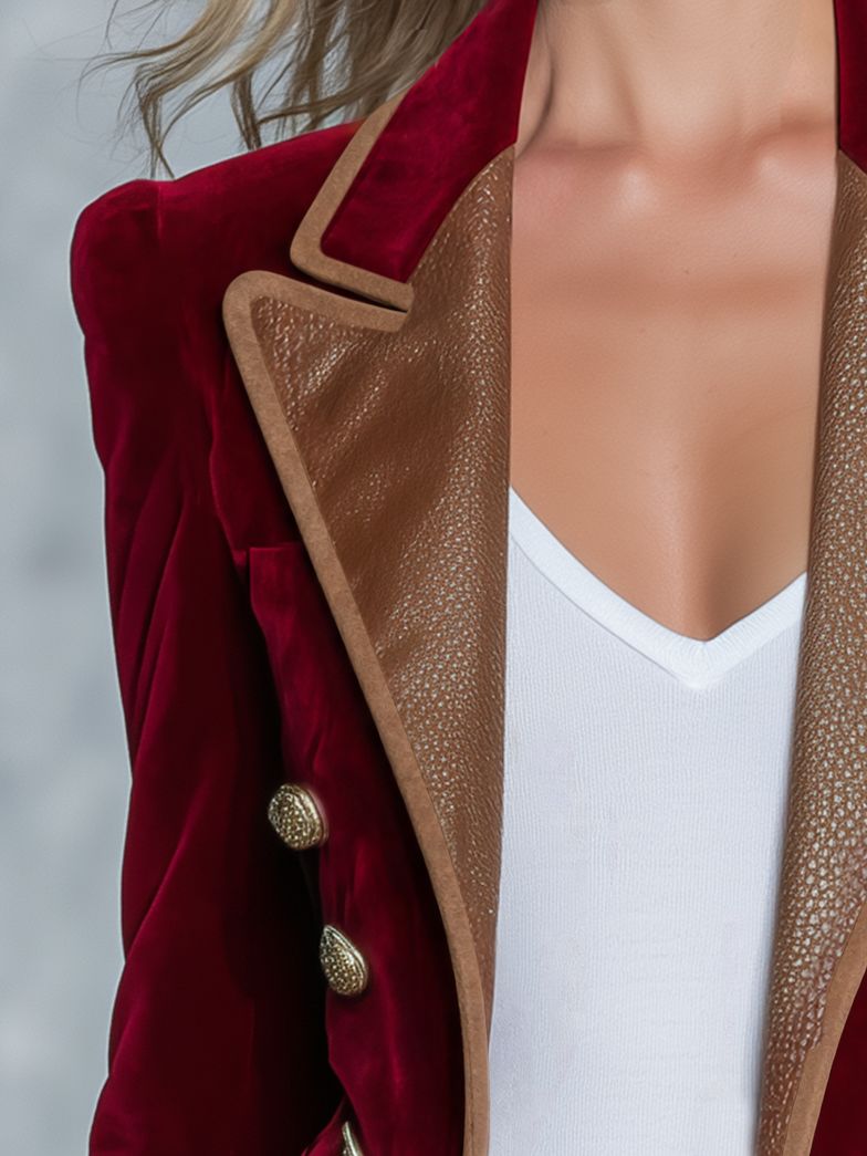 Retro-casual PU Leather Collared Velvet Jacket