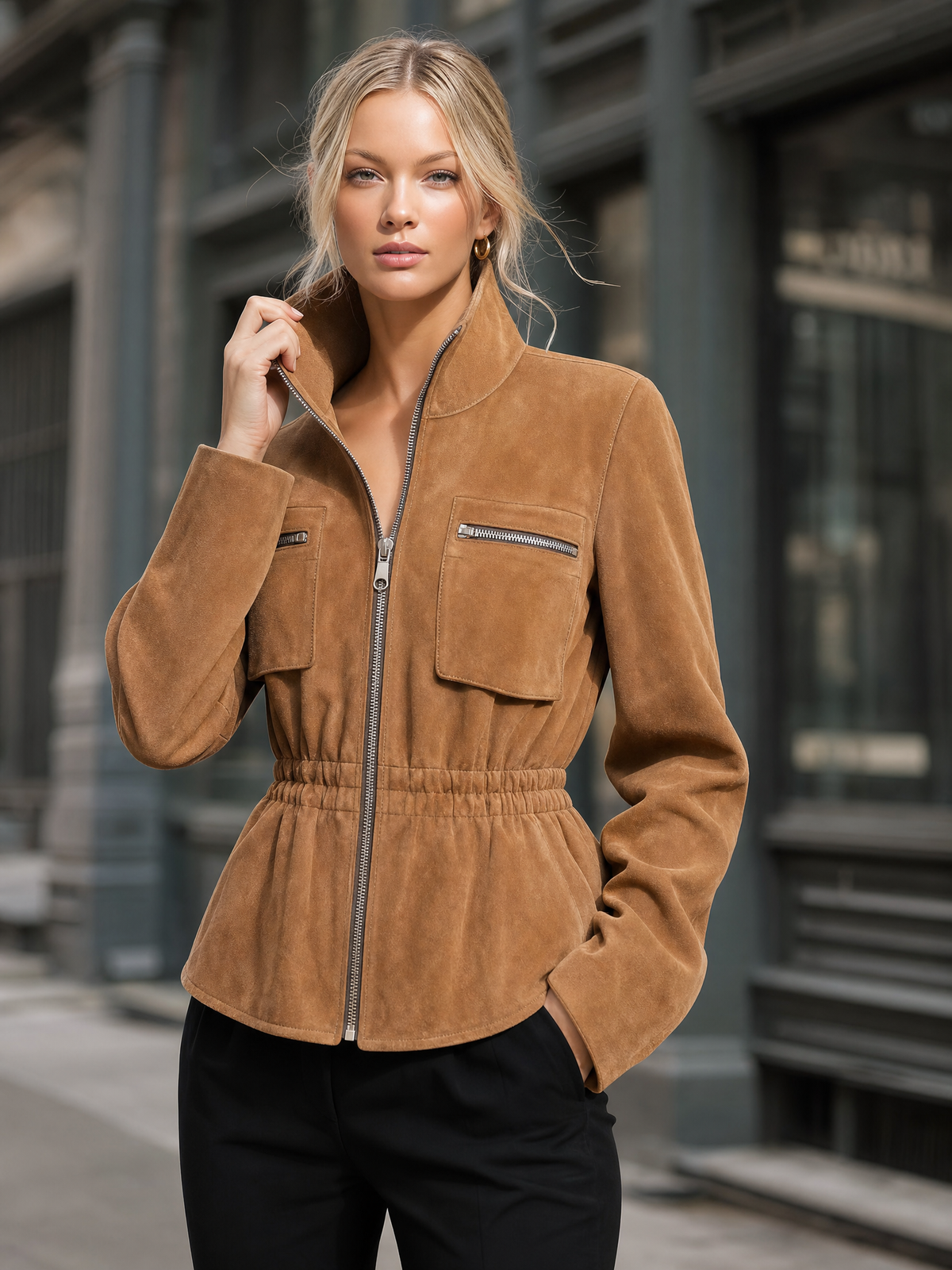 Retro-casual Faux Suede Jacket With An Elasticated Waist