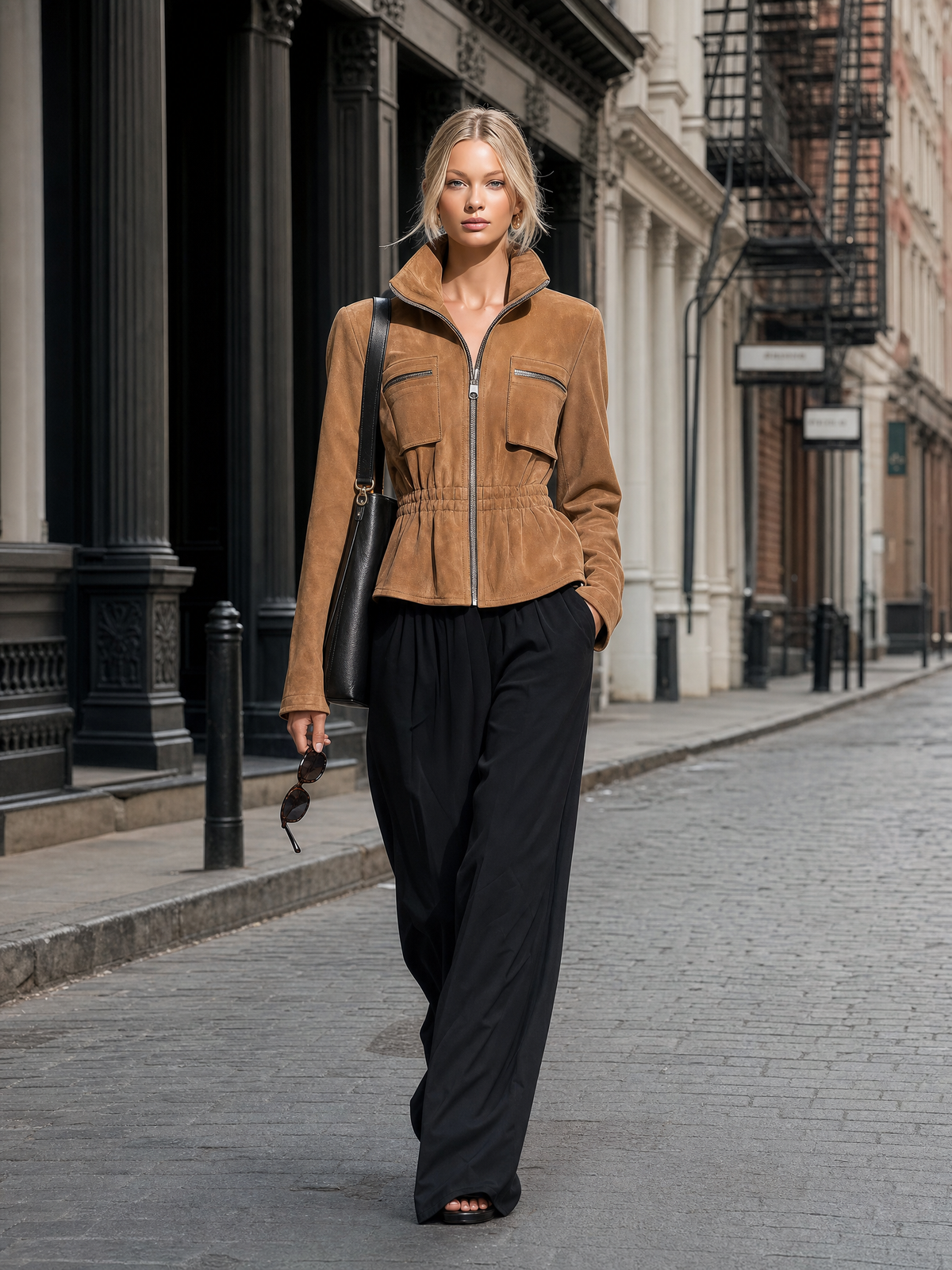 Retro-casual Faux Suede Jacket With An Elasticated Waist