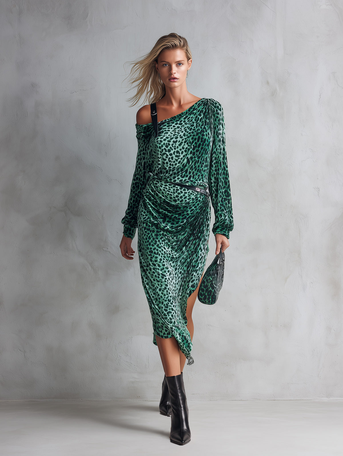City Party Asymmetric Neckline Green Leopard Print Velvet Midi Dress