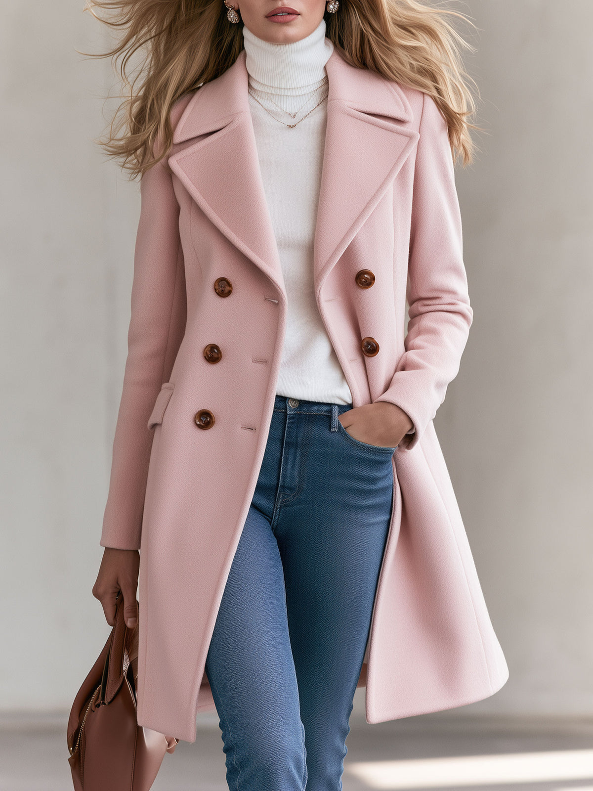 Simple Retro Mid-length Double-breasted Pink Wool Coat