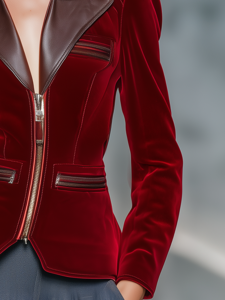 Vintage-style Elegant Military-inspired Velvet And PU Leather Jacket