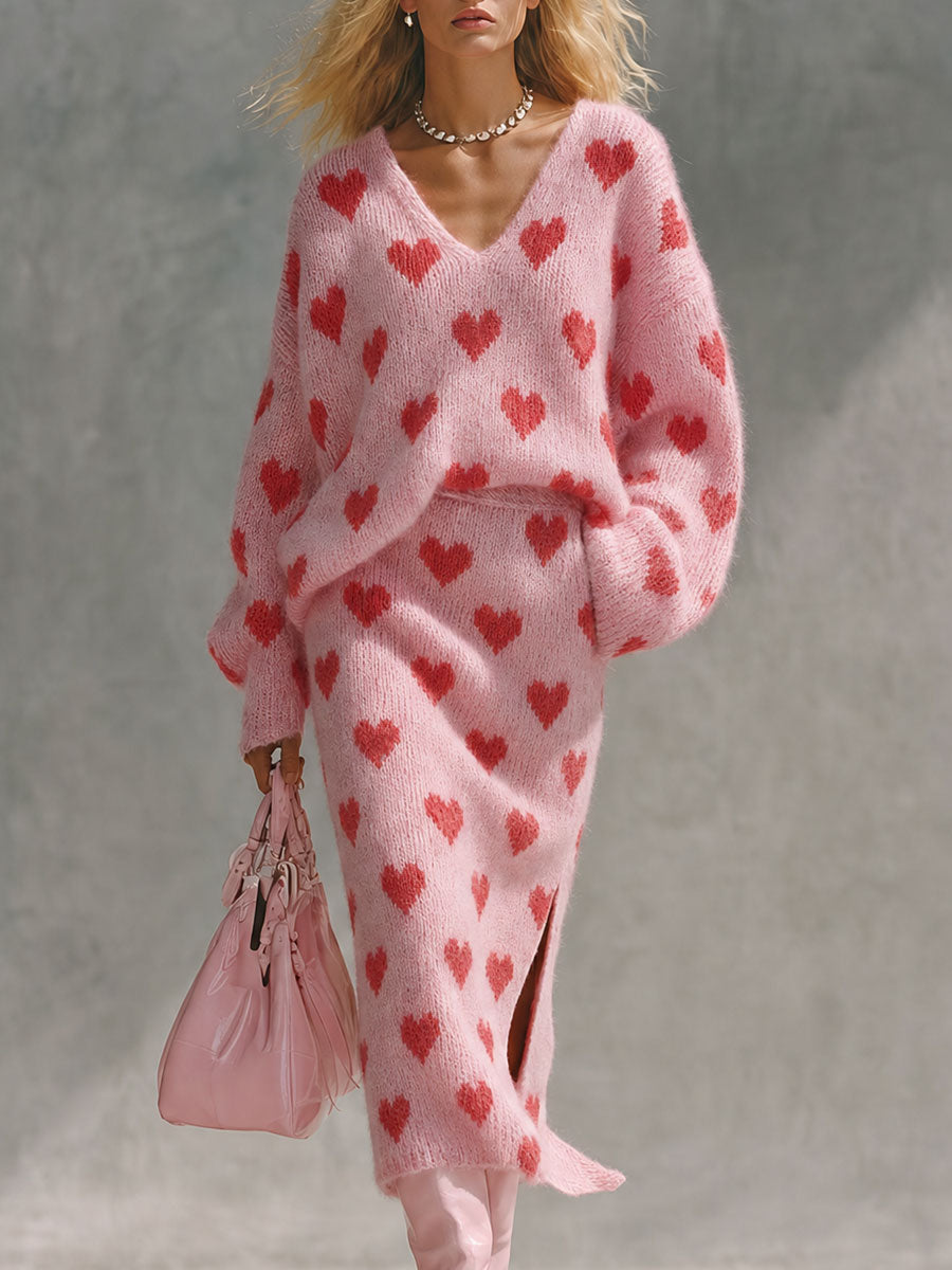 Retro Pink Heart-patterned V-neck Mohair Knit Top And Slit Midi Skirt Set
