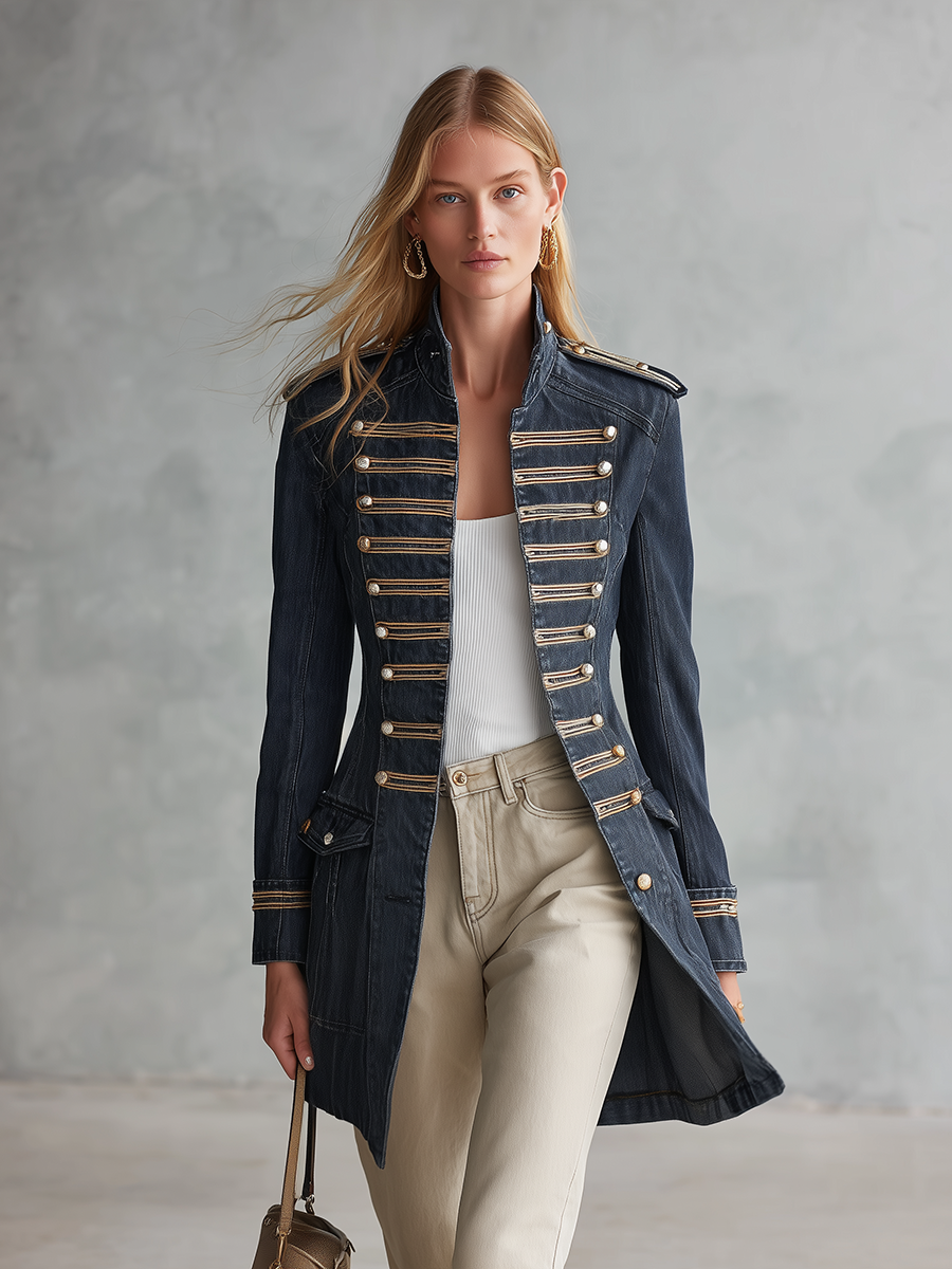 Women’s Denim Military Jacket With Gold Trim