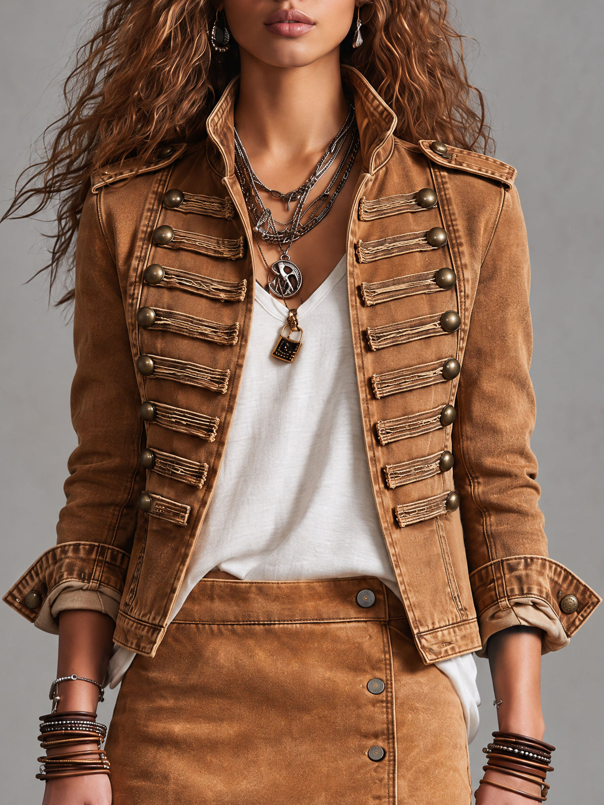 Military-style Camel Denim Stand-up Collar Double-breasted Short Jacket