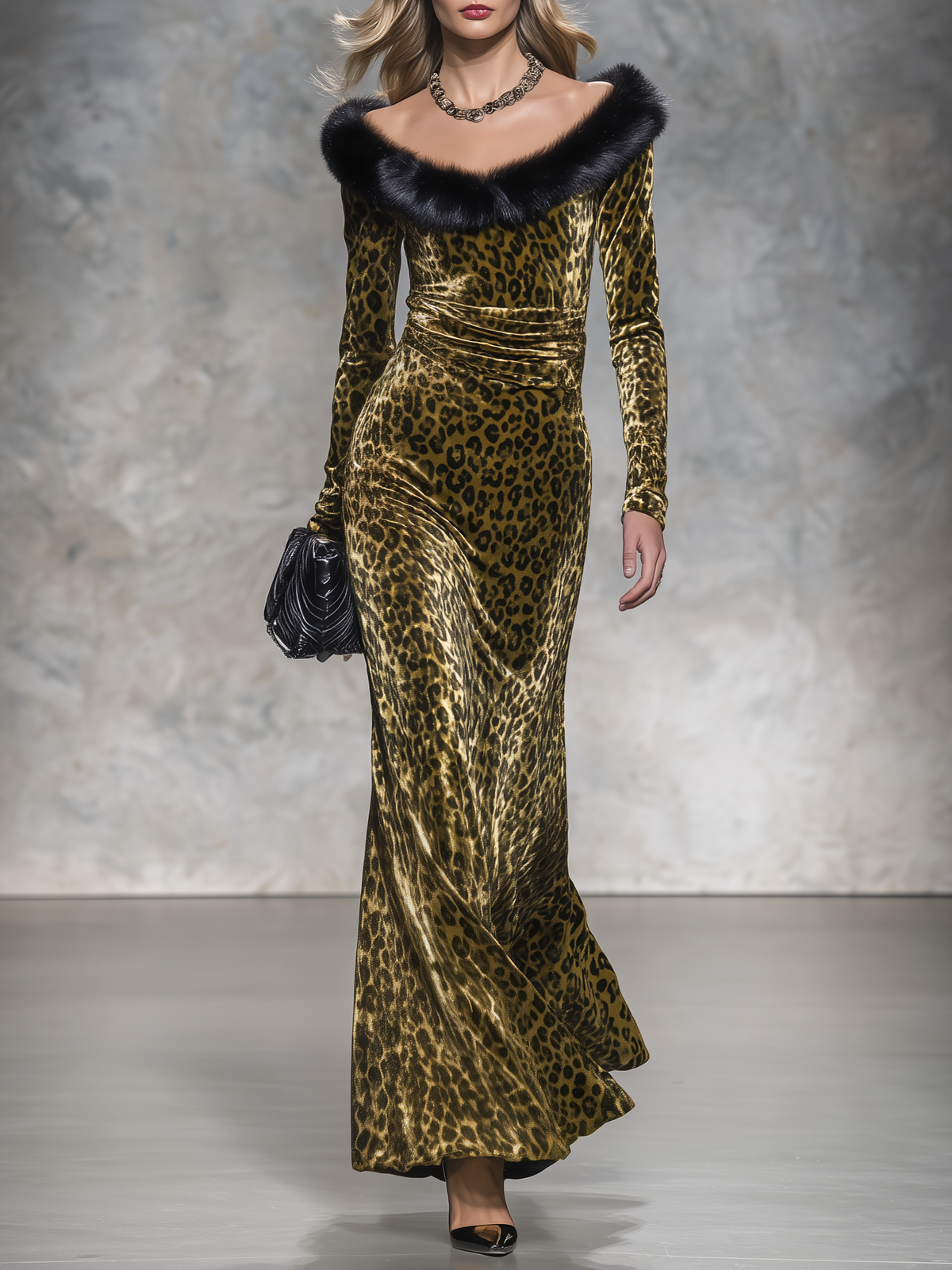 Vintage-style Casual Elegant Long Velvet Leopard-print Skirt With Raw-edge Paneling