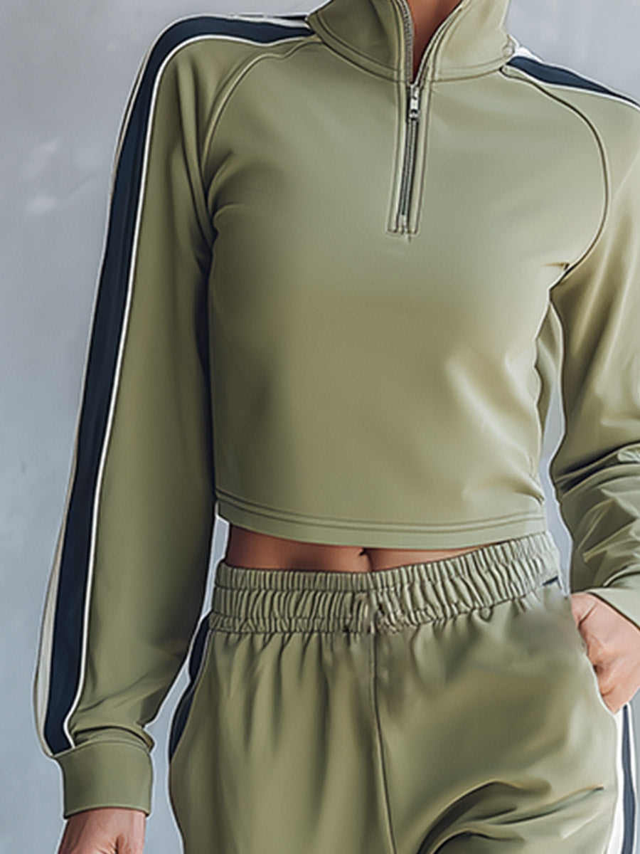 Casual Striped-Trim Sage Green Cotton Sweatshirt And Pants Set
