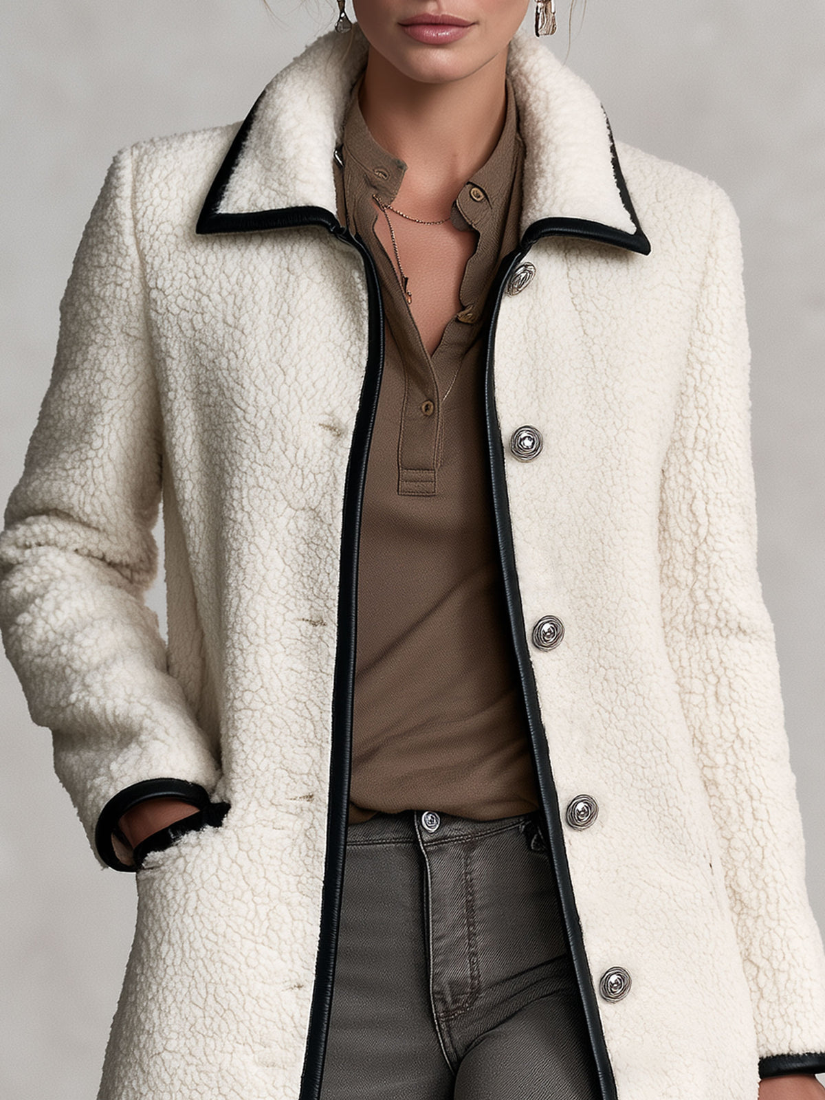 Casual Retro PU Trim White Fleece Mid-length Coat
