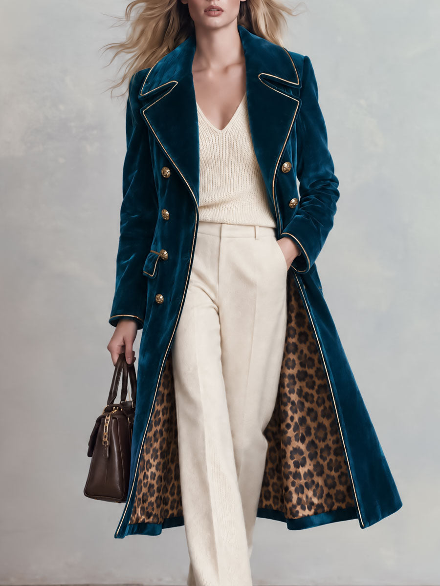 Retro Elegant Blue-green Velvet Double-breasted Leopard Print Velvet Coat