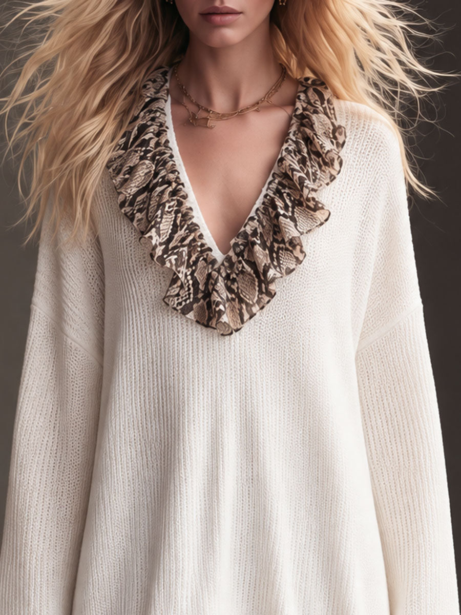 Retro Chic White Oversized V-Neck Snake-Print Ruffle-Trim Knit Mini Dress