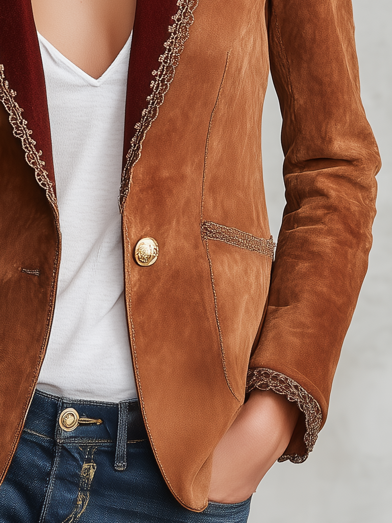 Retro-chic Faux Suede Blazer With Contrasting Lace Trim