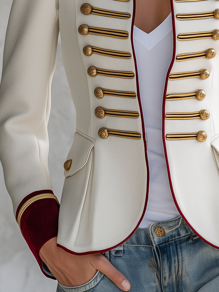Retro-elegant Military-style Jacket Featuring Contrasting Panels Of Wool-blend Fabric And Velvet