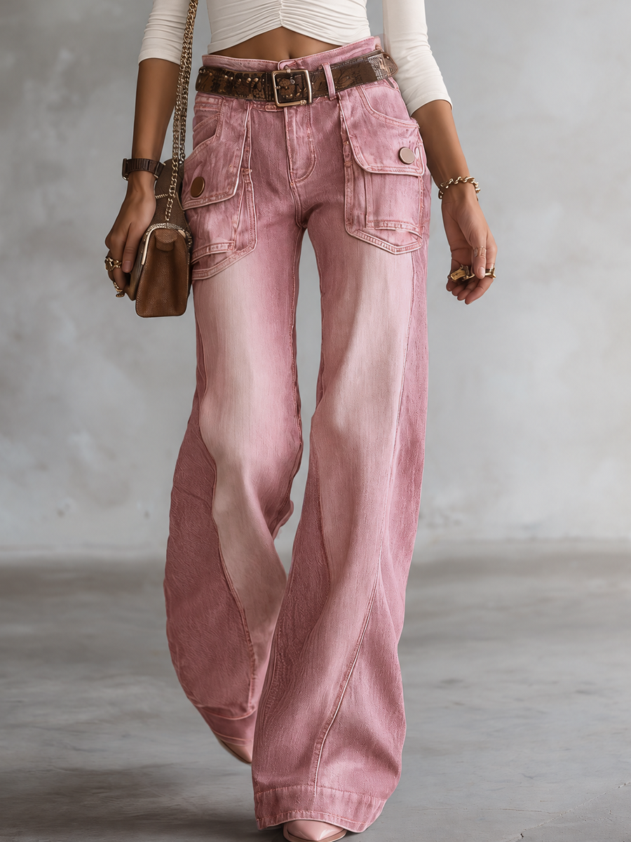 Pink Acid Wash Wide Leg Cargo Jeans