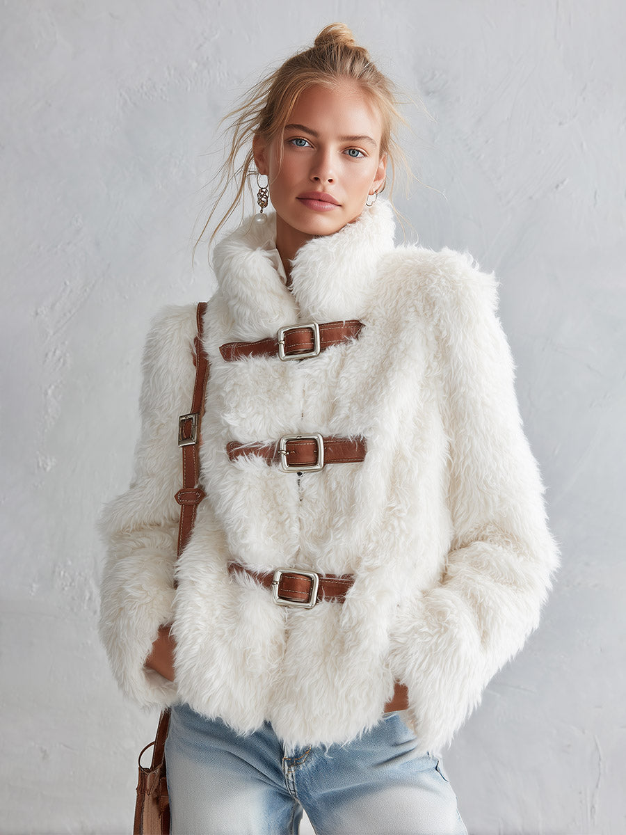 Luxurious White Stand-collar Faux-fur Short Coat