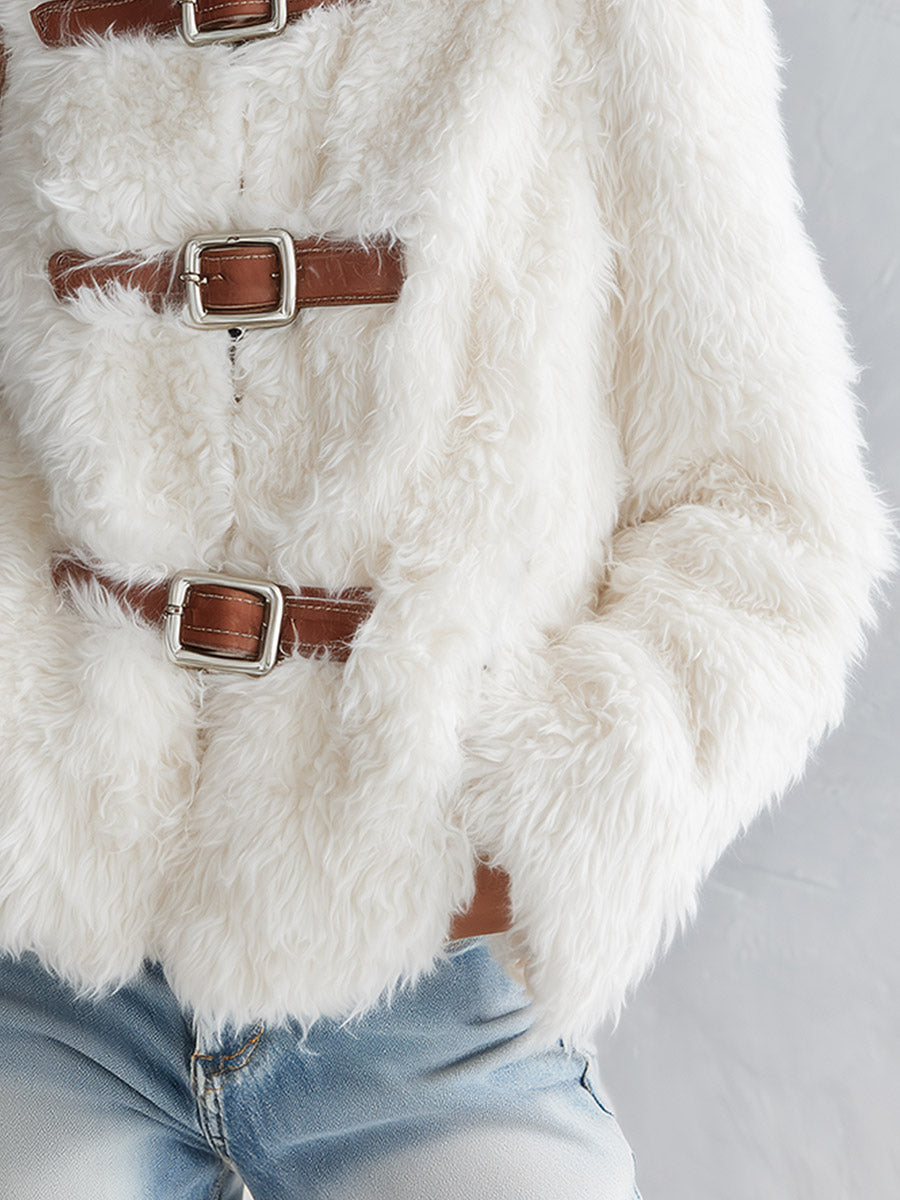 Luxurious White Stand-collar Faux-fur Short Coat
