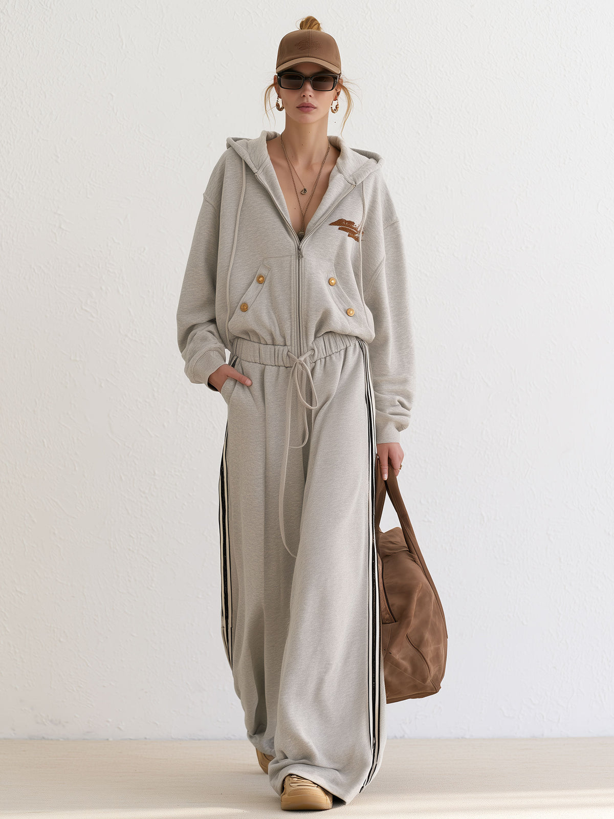Retro Loose-fitting Sporty Embroidered Striped Hooded Cotton Jumpsuit