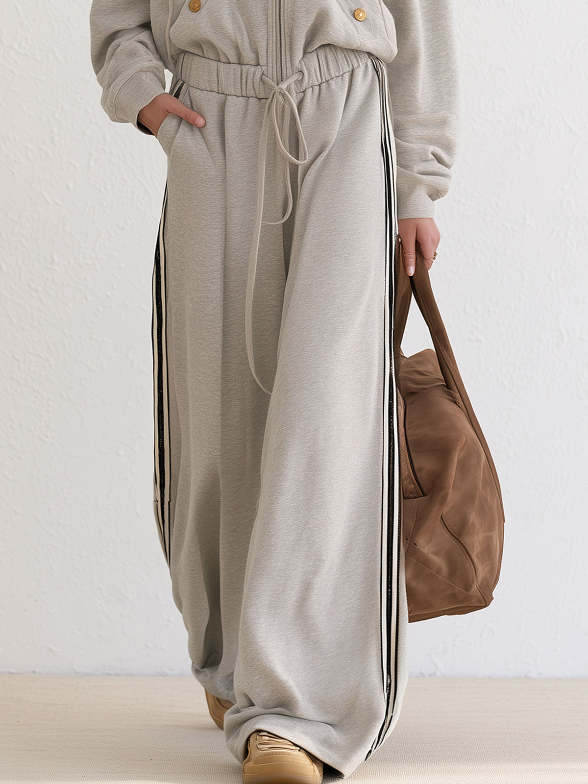Retro Loose-fitting Sporty Embroidered Striped Hooded Cotton Jumpsuit