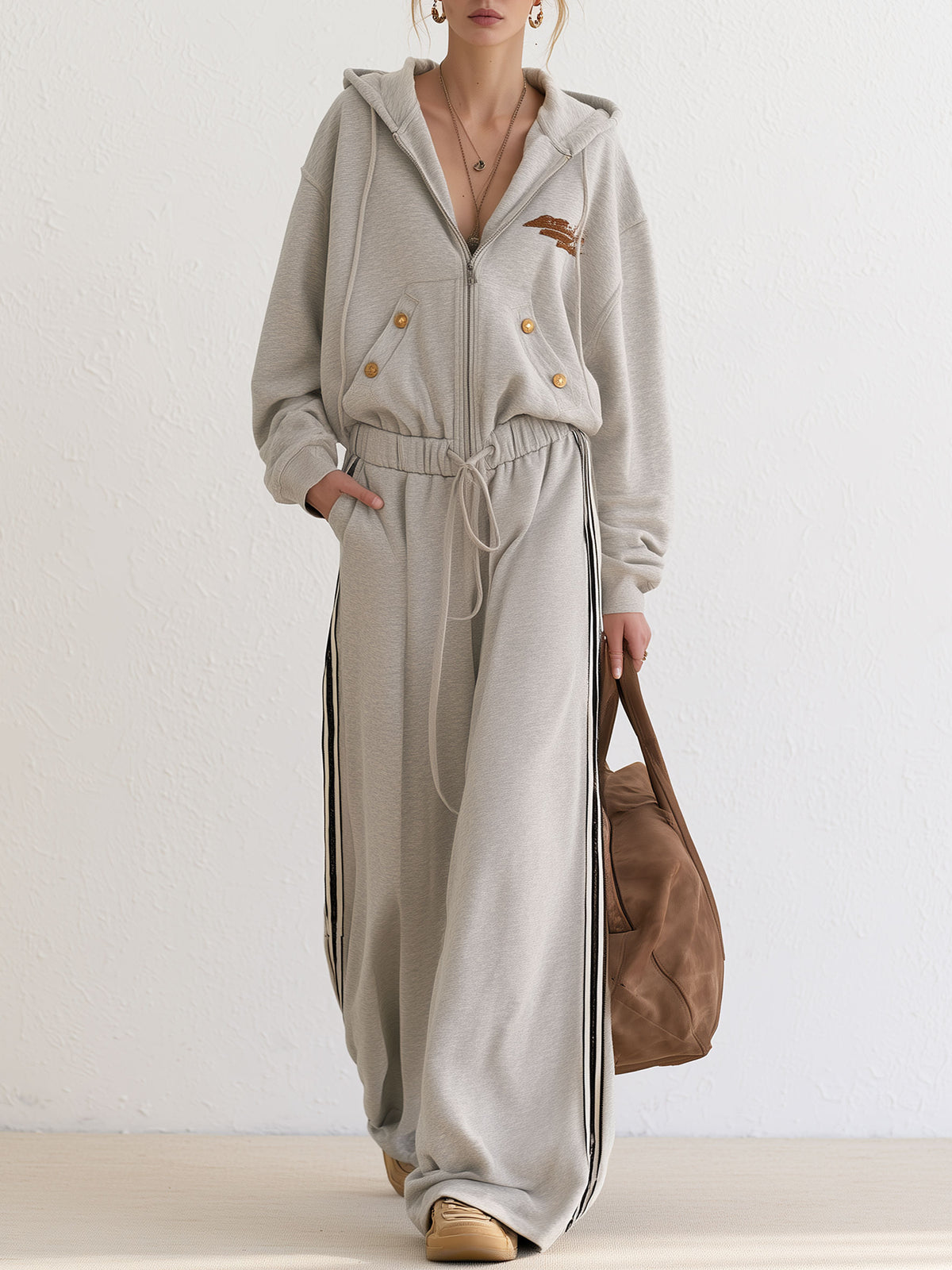 Retro Loose-fitting Sporty Embroidered Striped Hooded Cotton Jumpsuit