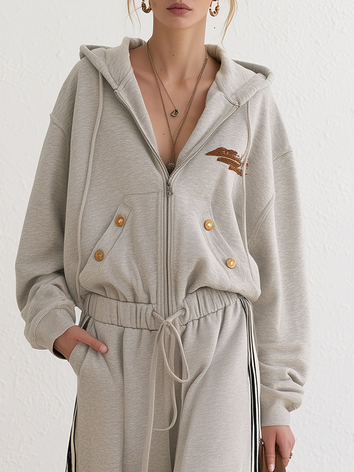 Retro Loose-fitting Sporty Embroidered Striped Hooded Cotton Jumpsuit