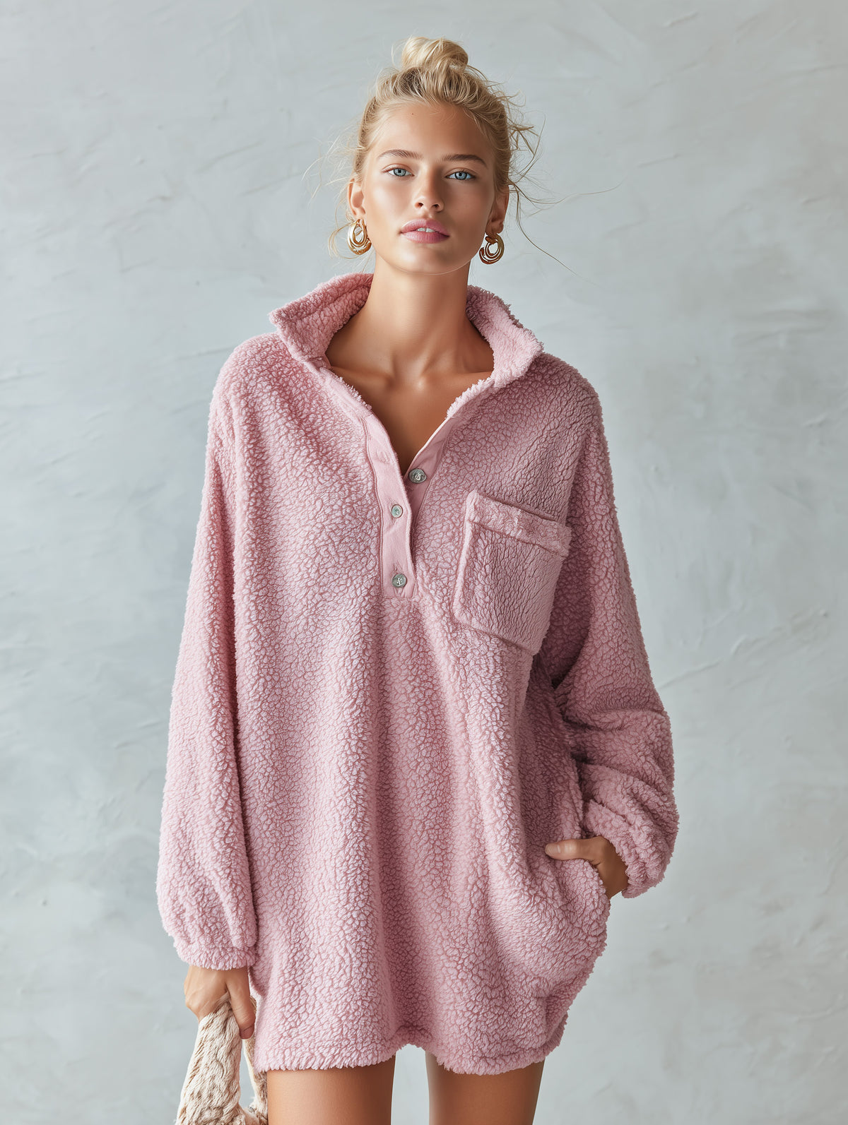 Oversized Teddy Fleece Half-Zip Hooded Mini Dress