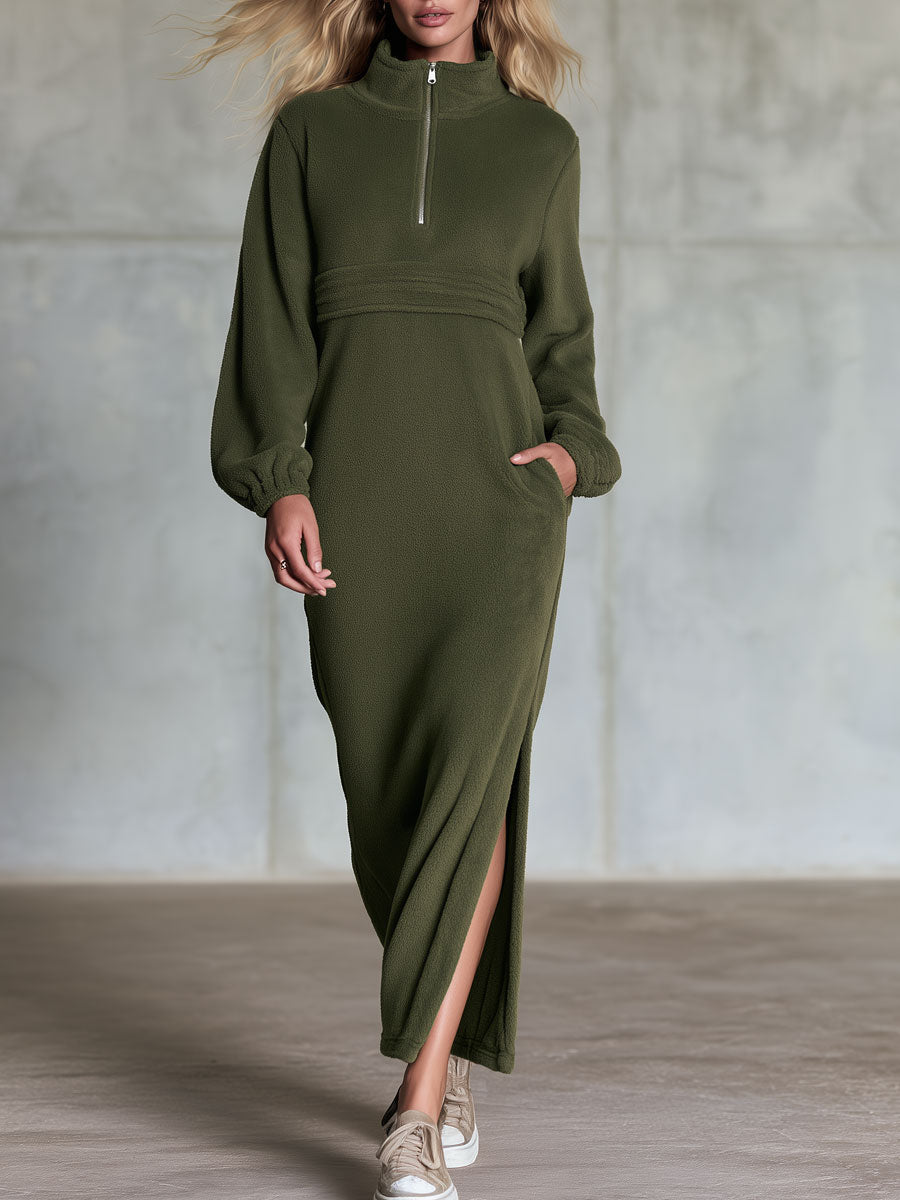 Retro Casual Olive Green Half-Zip Stand-Collar Fleece Slit Maxi Dress