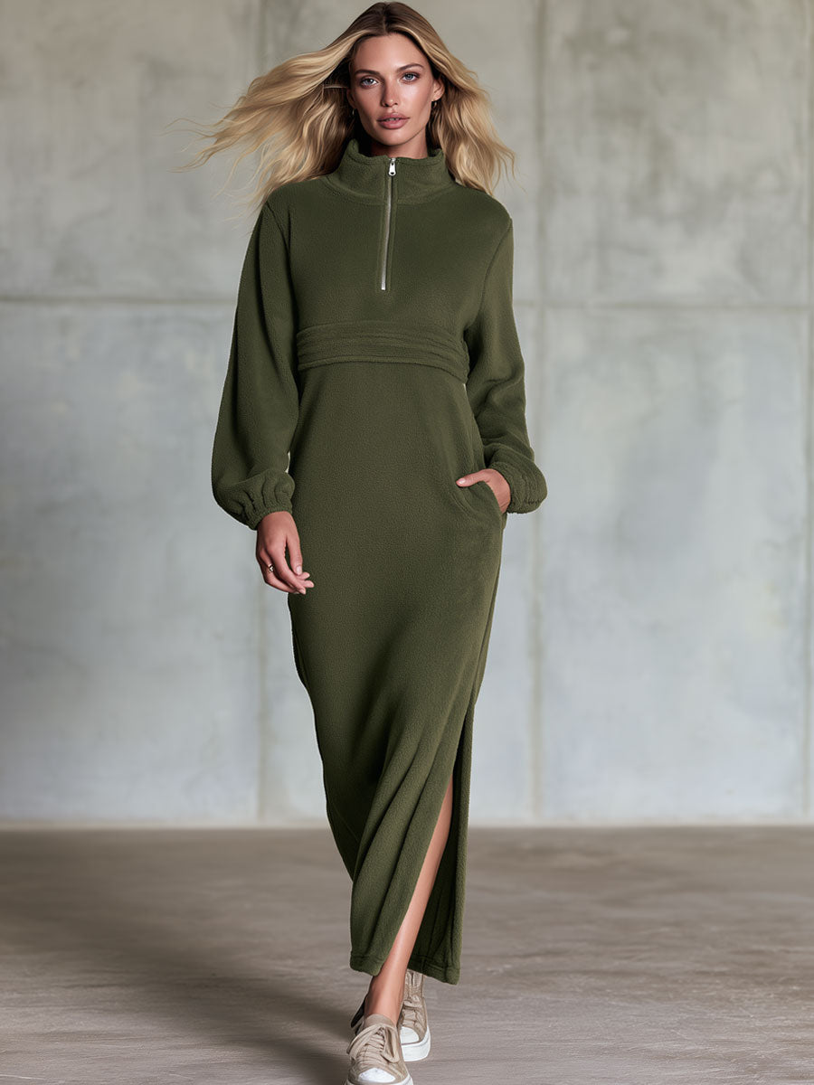 Retro Casual Olive Green Half-Zip Stand-Collar Fleece Slit Maxi Dress