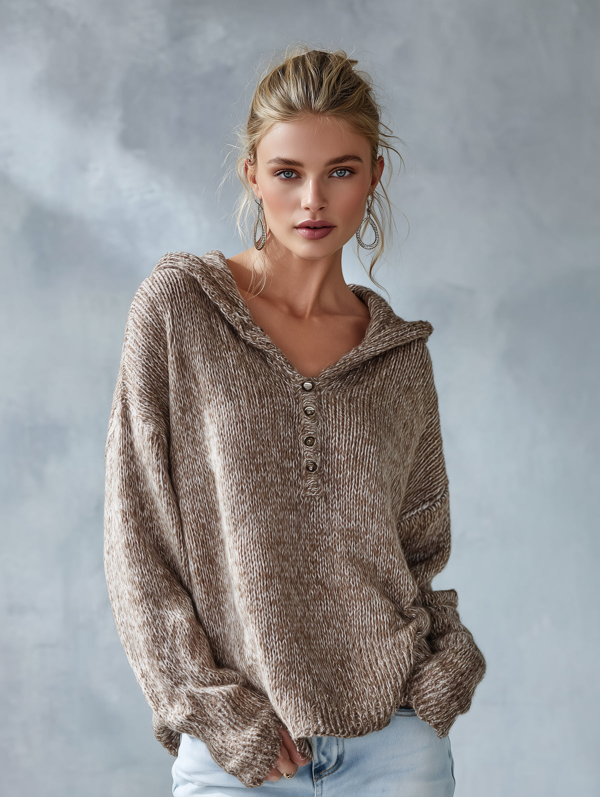 Stylish Loose-Fit Speckled Brown Hooded Sweater