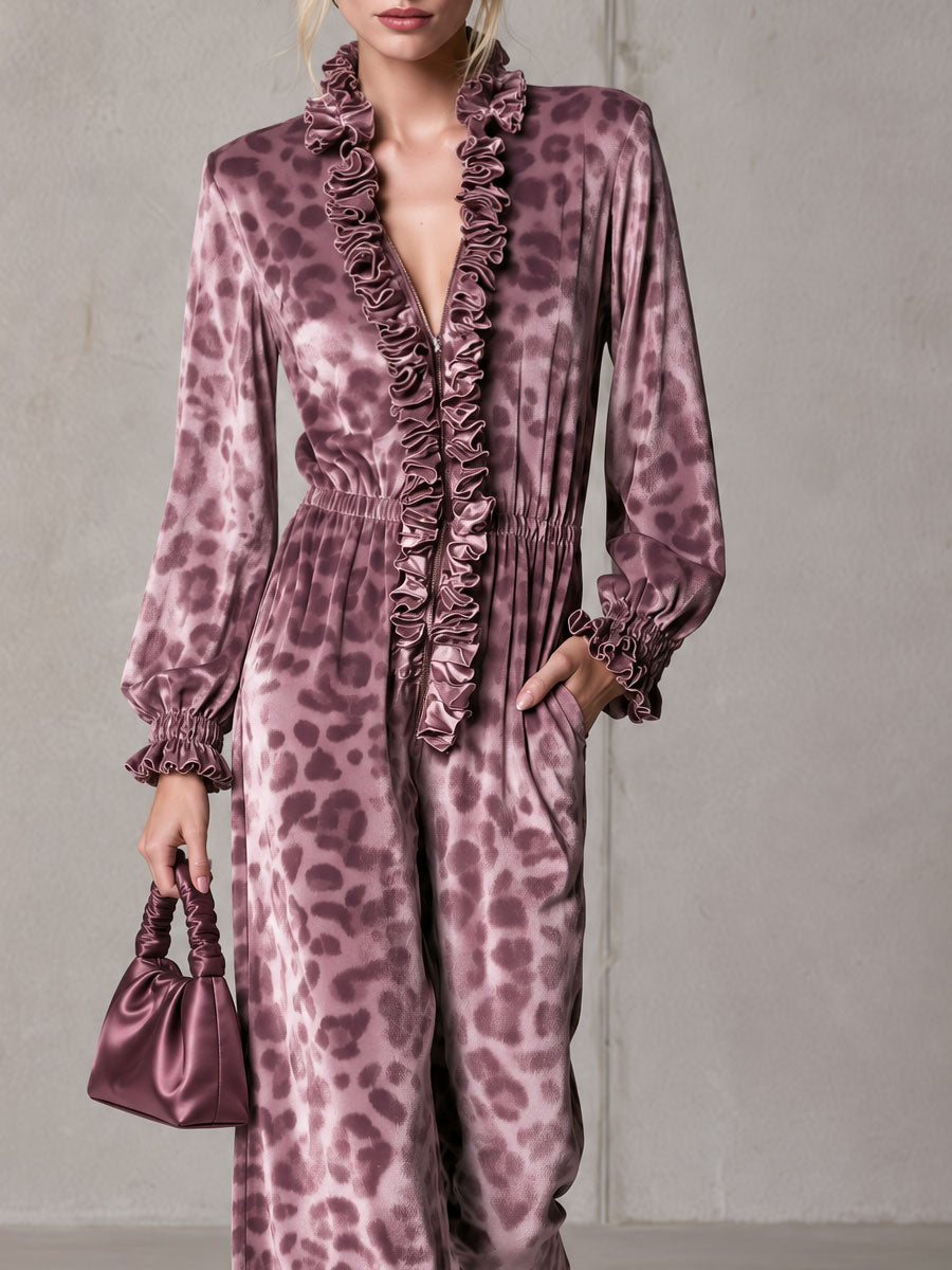 Retro Elegant Mauve Leopard-Print Velvet Ruffle-Trim V-Neck Wide-Leg Jumpsuit