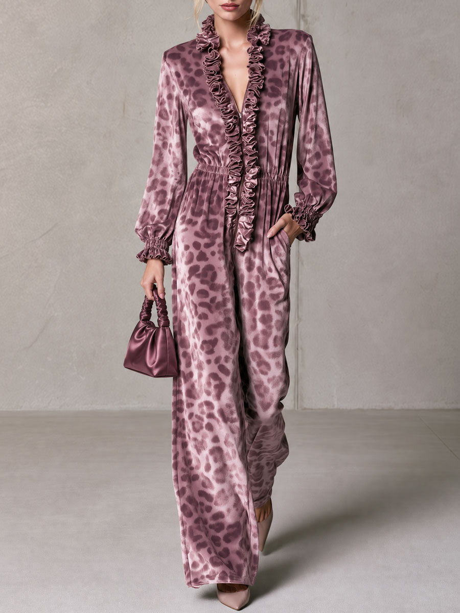 Retro Elegant Mauve Leopard-Print Velvet Ruffle-Trim V-Neck Wide-Leg Jumpsuit
