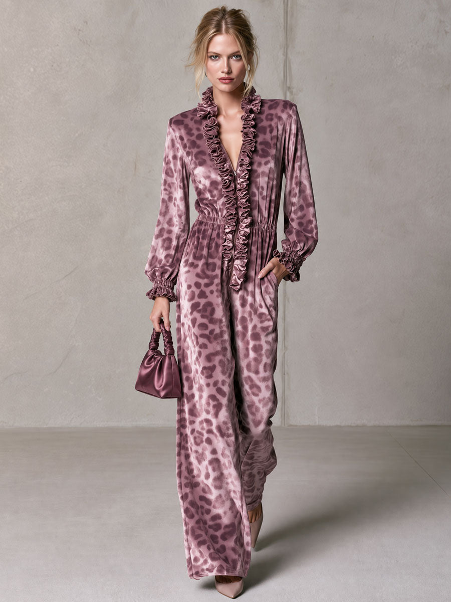 Retro Elegant Mauve Leopard-Print Velvet Ruffle-Trim V-Neck Wide-Leg Jumpsuit