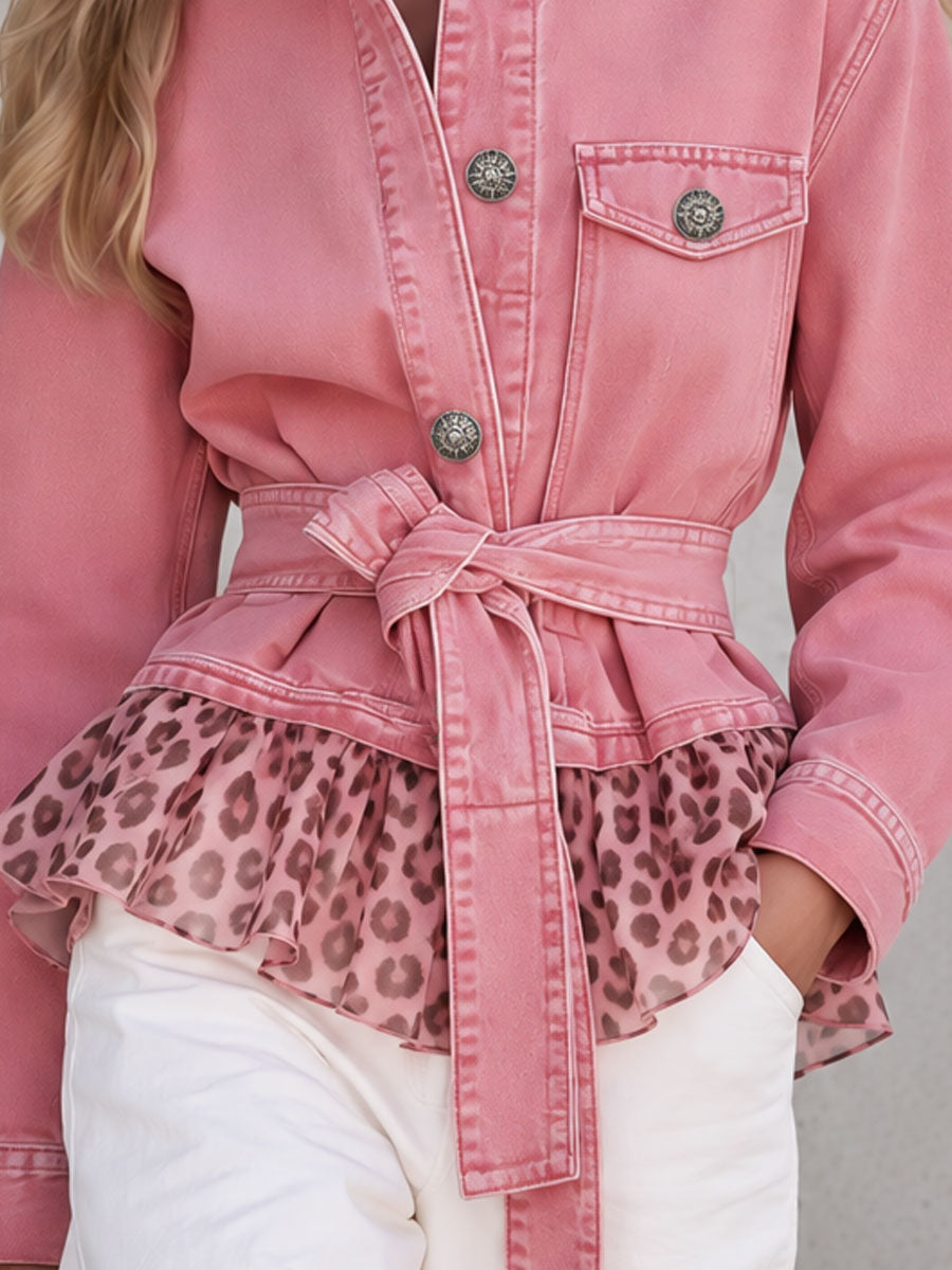 Retro Chic Leopard Print Ruffled Hem Pink Washed Denim Belted Jacket